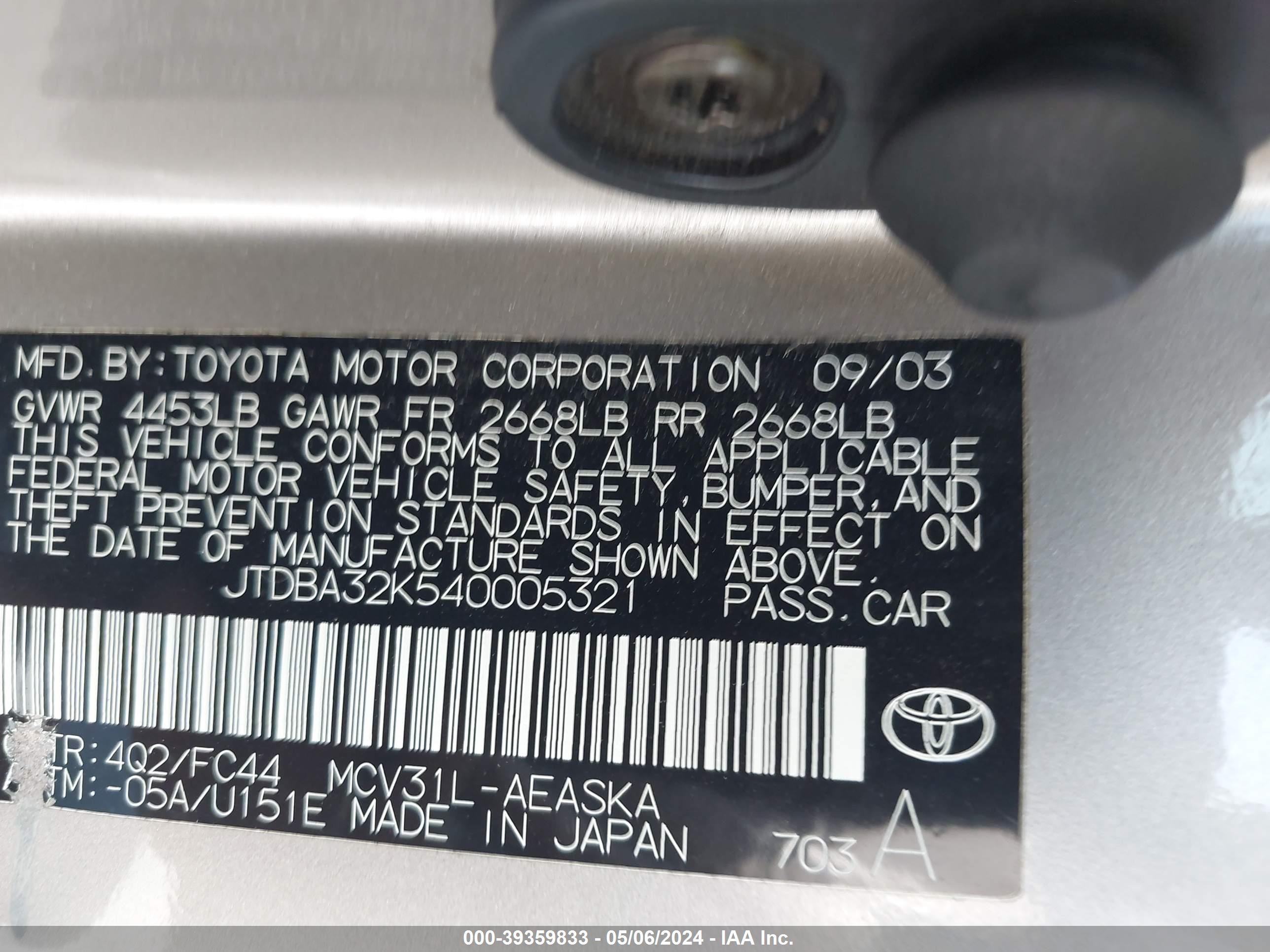 JTDBA32K540005321 2004 Toyota Camry Se V6