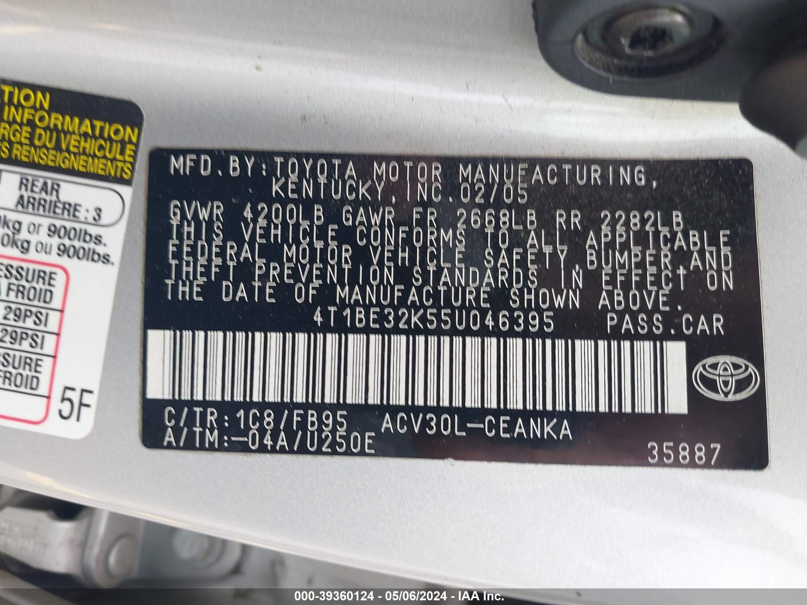 4T1BE32K55U046395 2005 Toyota Camry Le
