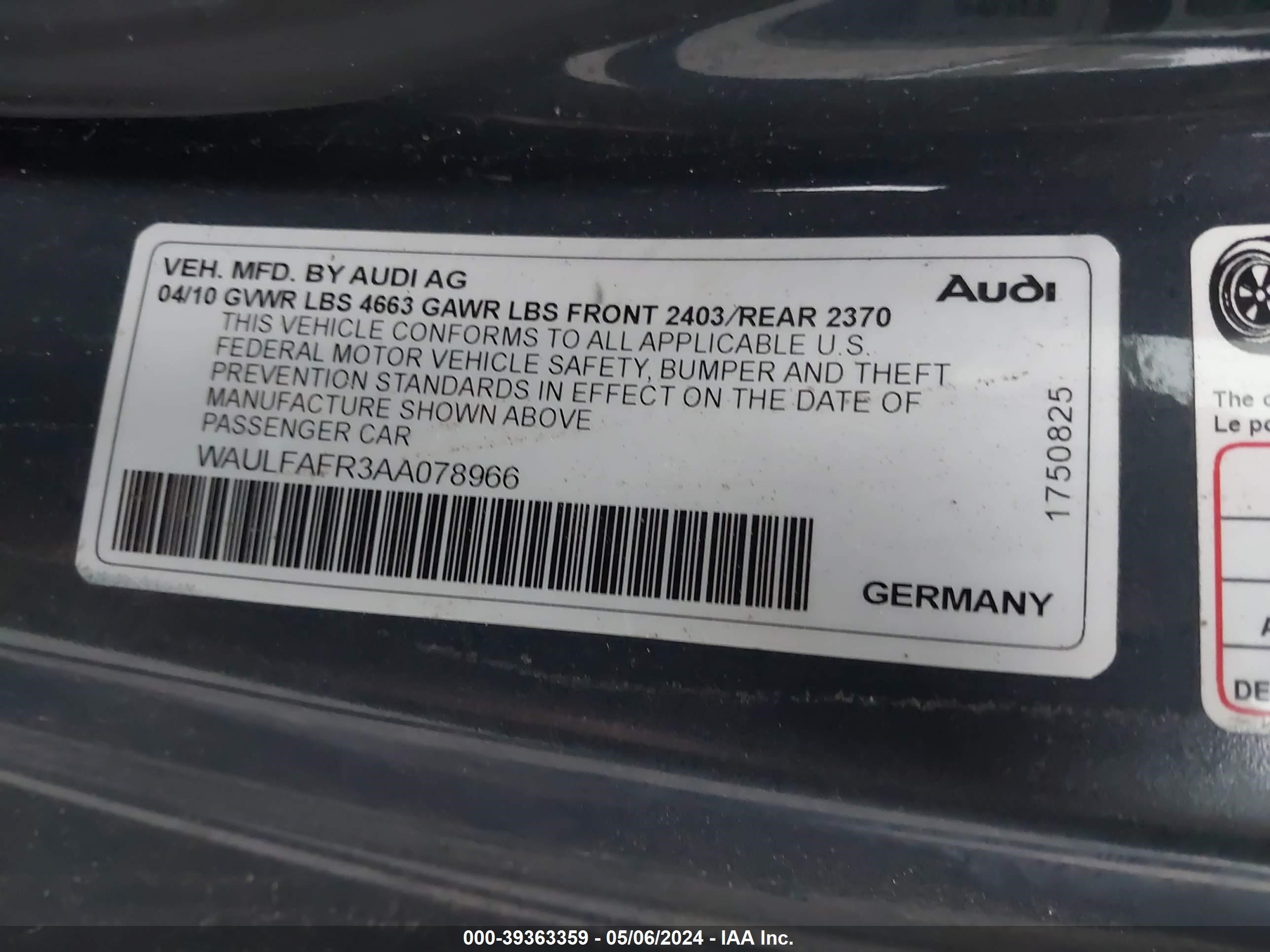 WAULFAFR3AA078966 2010 Audi A5 2.0T Premium