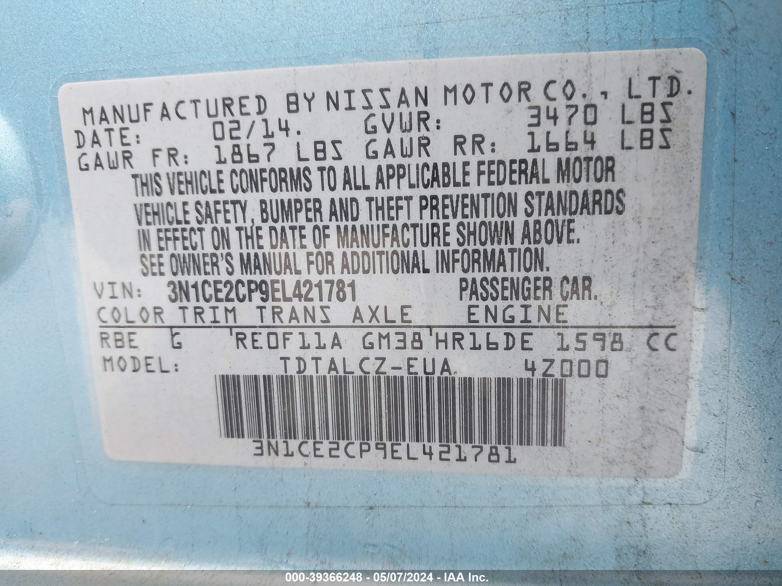 3N1CE2CP9EL421781 2014 Nissan Versa Note S Plus