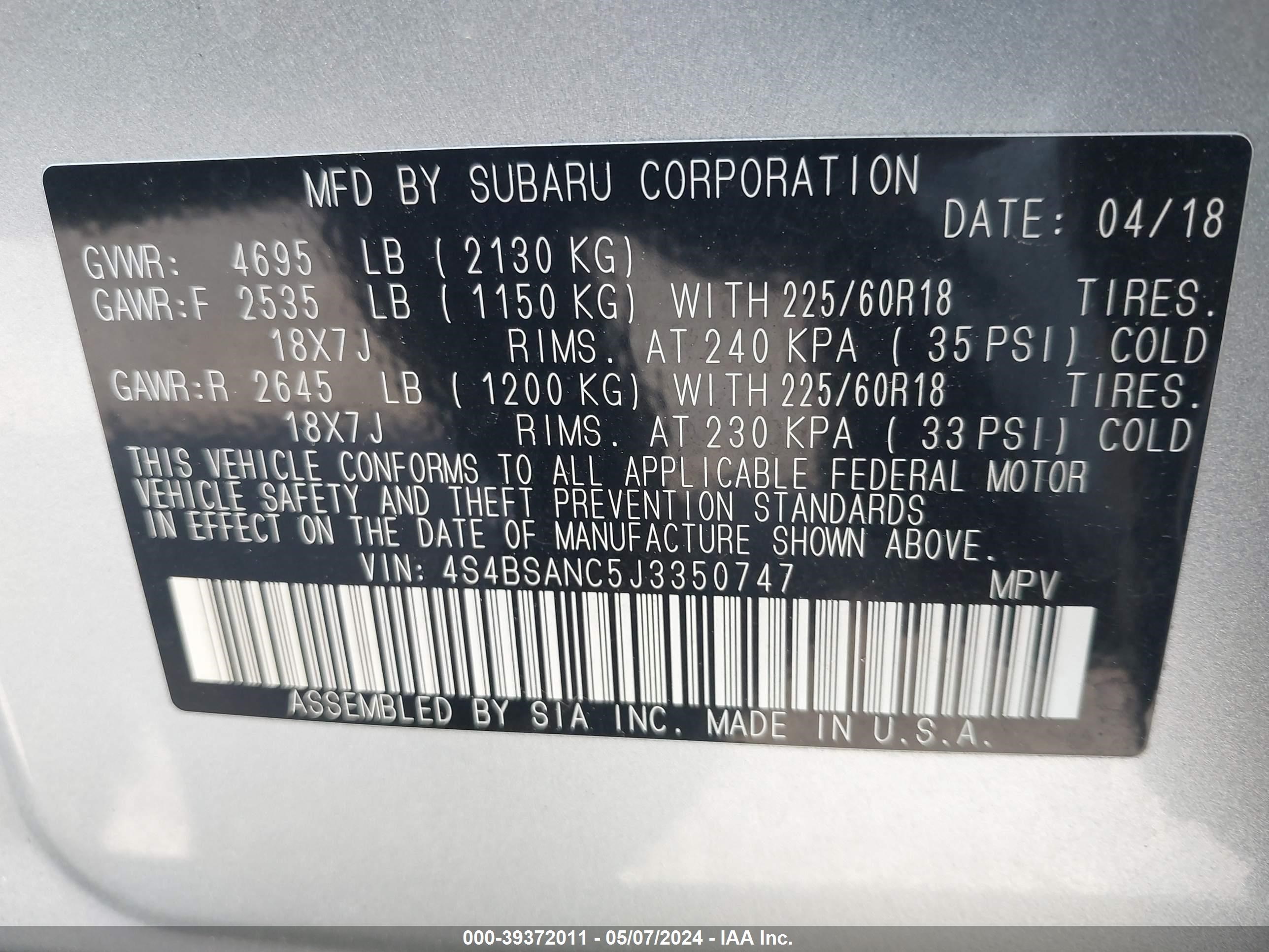 2018 Subaru Outback 2.5I Limited vin: 4S4BSANC5J3350747