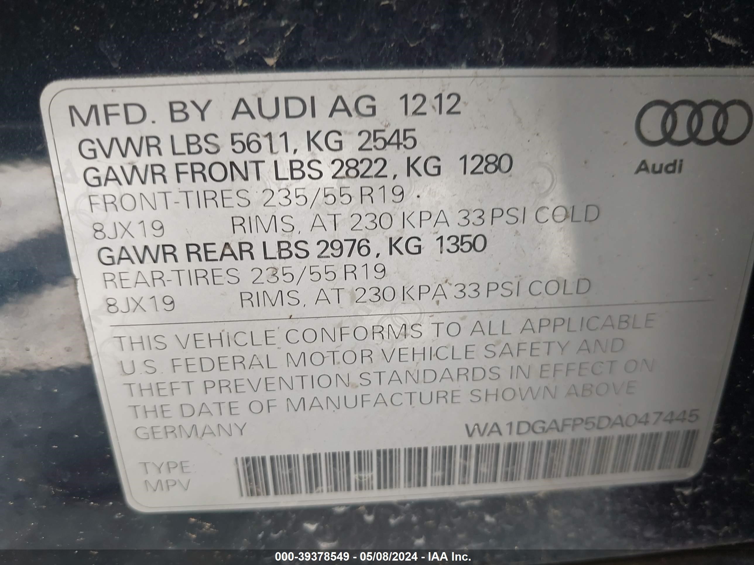 2013 Audi Q5 3.0T Premium Plus vin: WA1DGAFP5DA047445