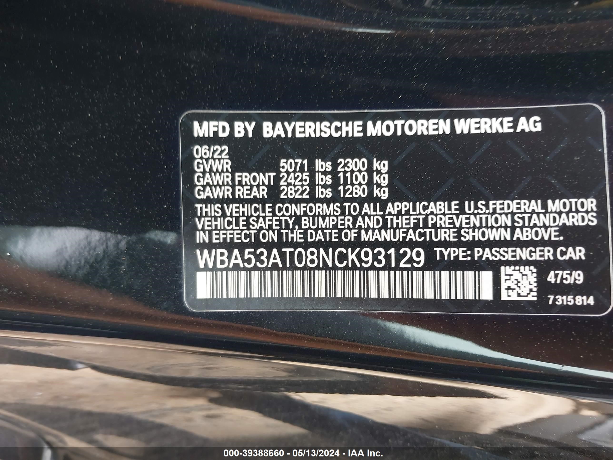 2022 BMW M440I vin: WBA53AT08NCK93129