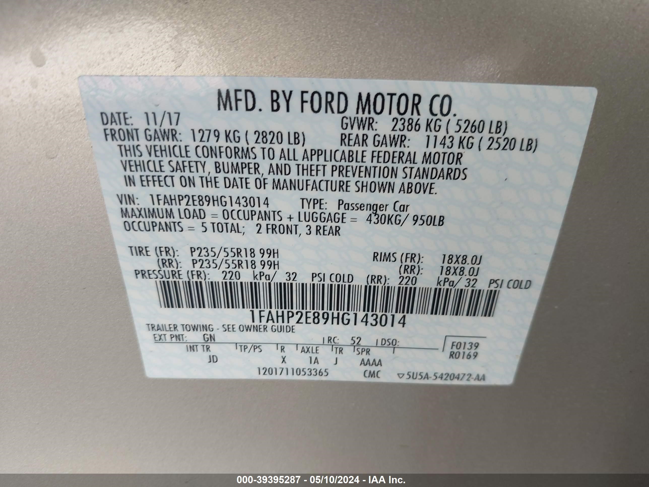 2017 Ford Taurus Sel vin: 1FAHP2E89HG143014