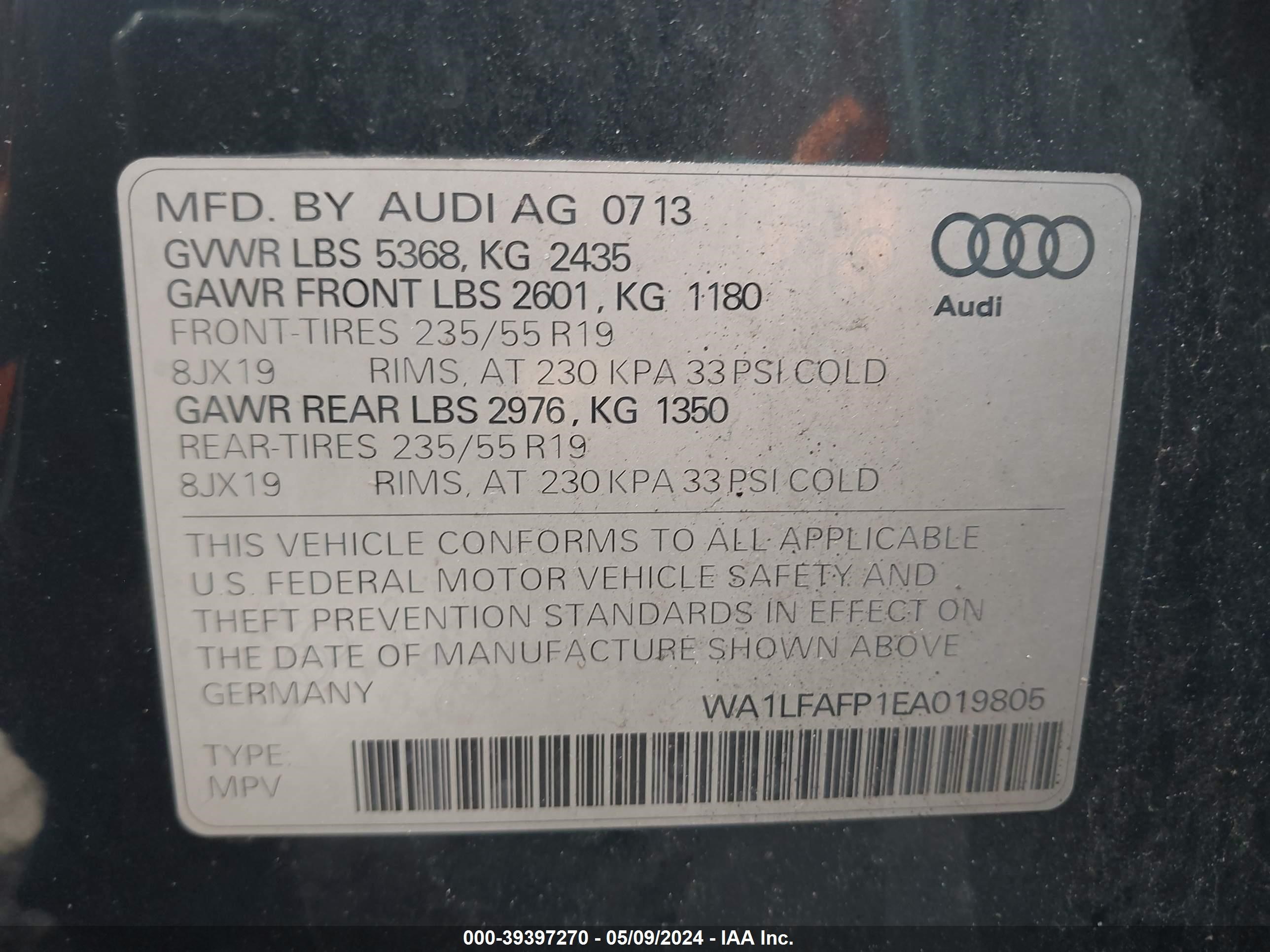 2014 Audi Q5 2.0T Premium vin: WA1LFAFP1EA019805