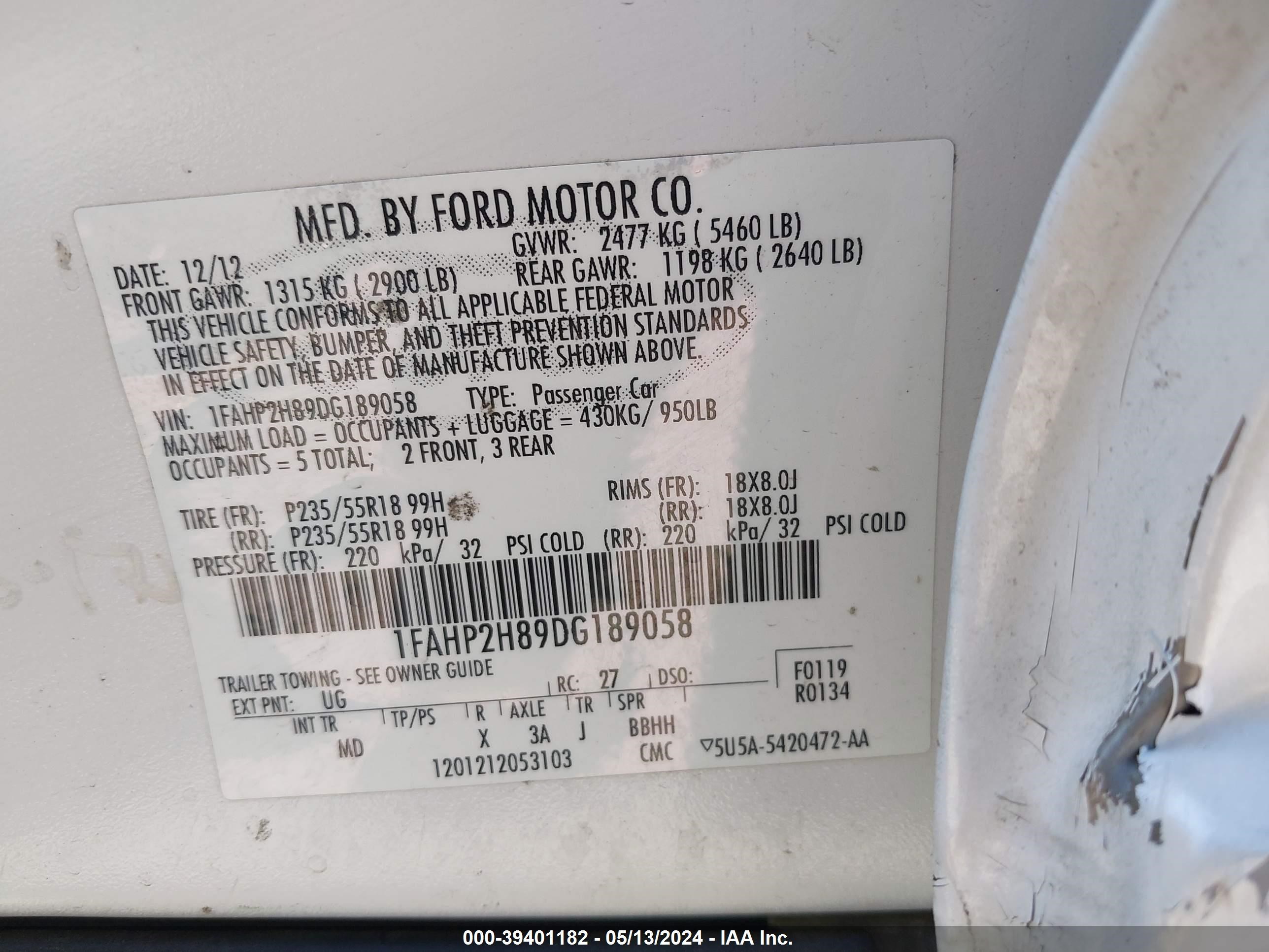 2013 Ford Taurus Sel vin: 1FAHP2H89DG189058