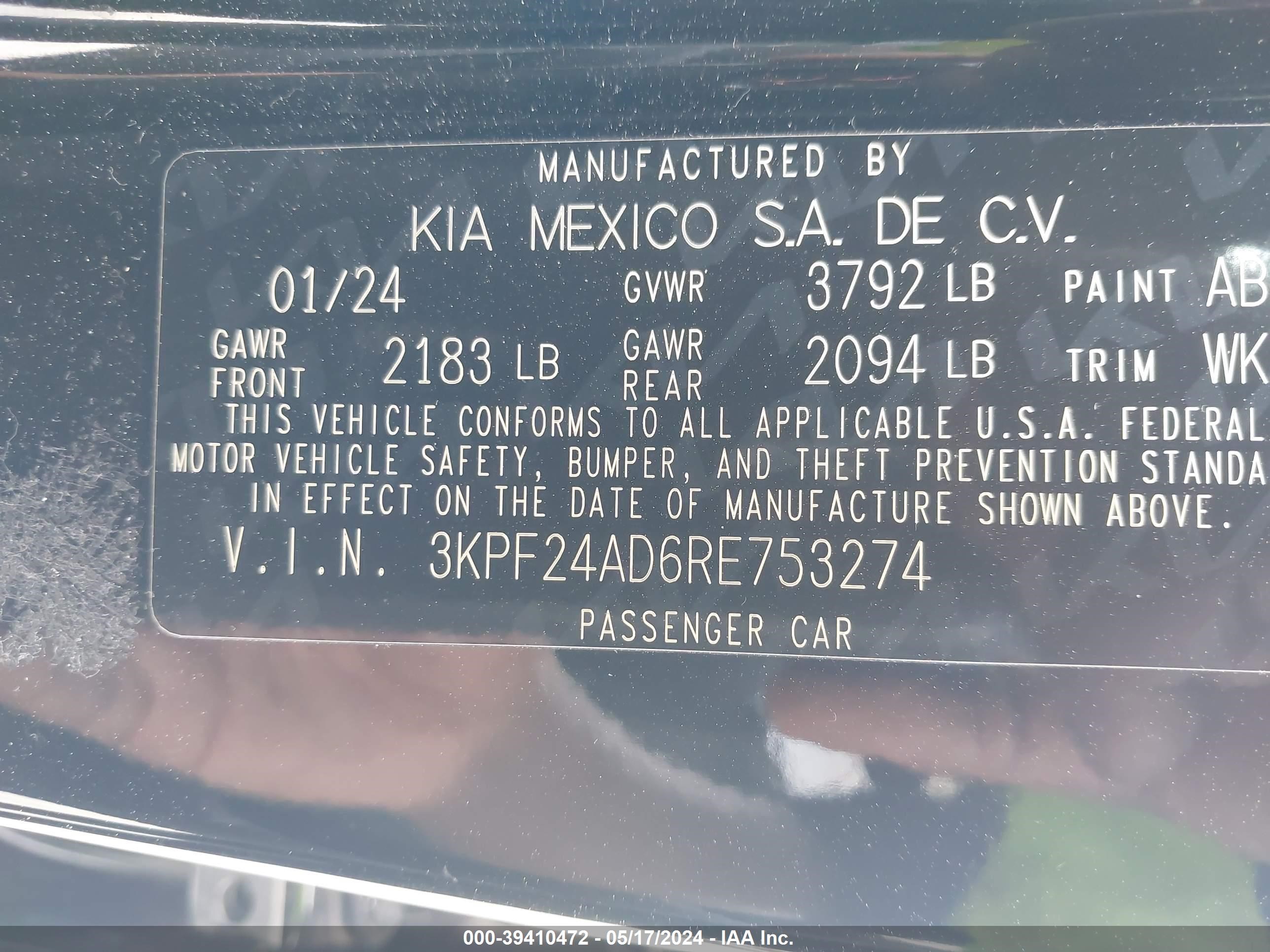 3KPF24AD6RE753274 2024 Kia Forte Lx