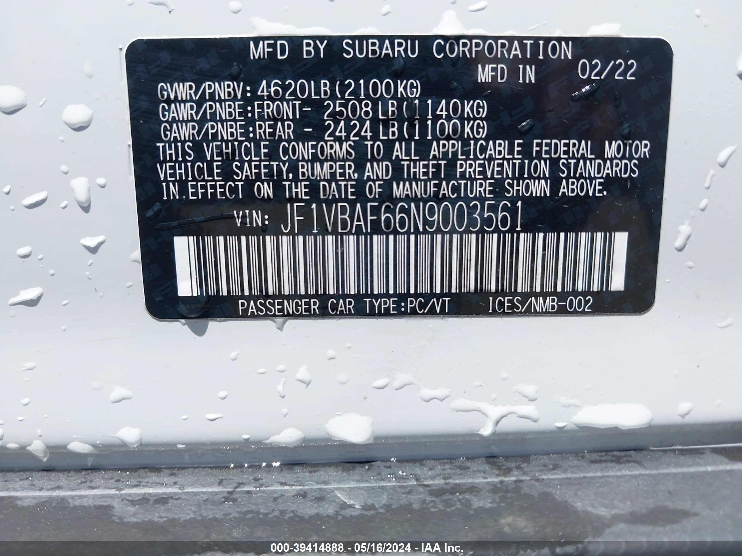 JF1VBAF66N9003561 2022 Subaru Wrx Premium