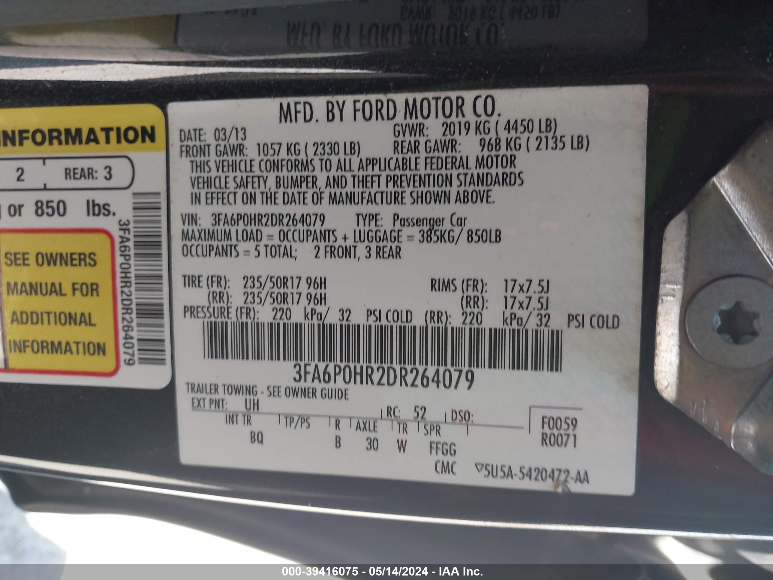 2013 Ford Fusion Se vin: 3FA6P0HR2DR264079