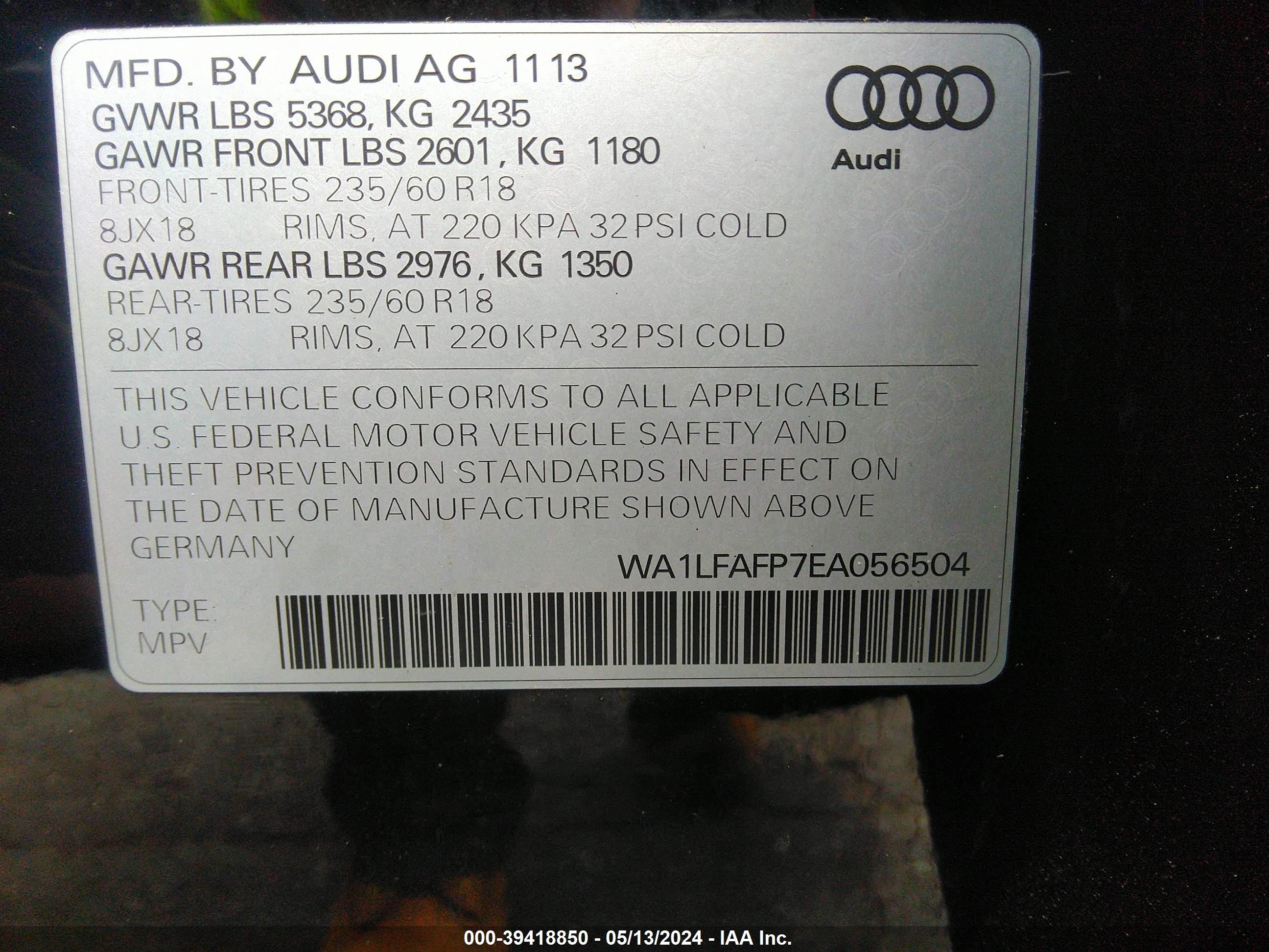 2014 Audi Q5 2.0T Premium vin: WA1LFAFP7EA056504