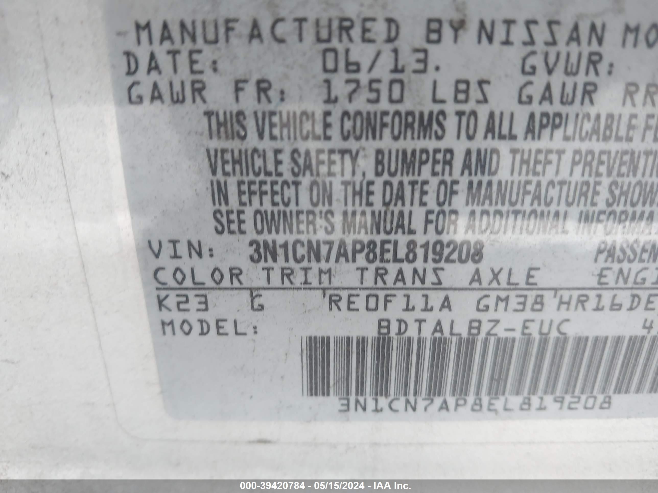 2014 Nissan Versa 1.6 Sv vin: 3N1CN7AP8EL819208