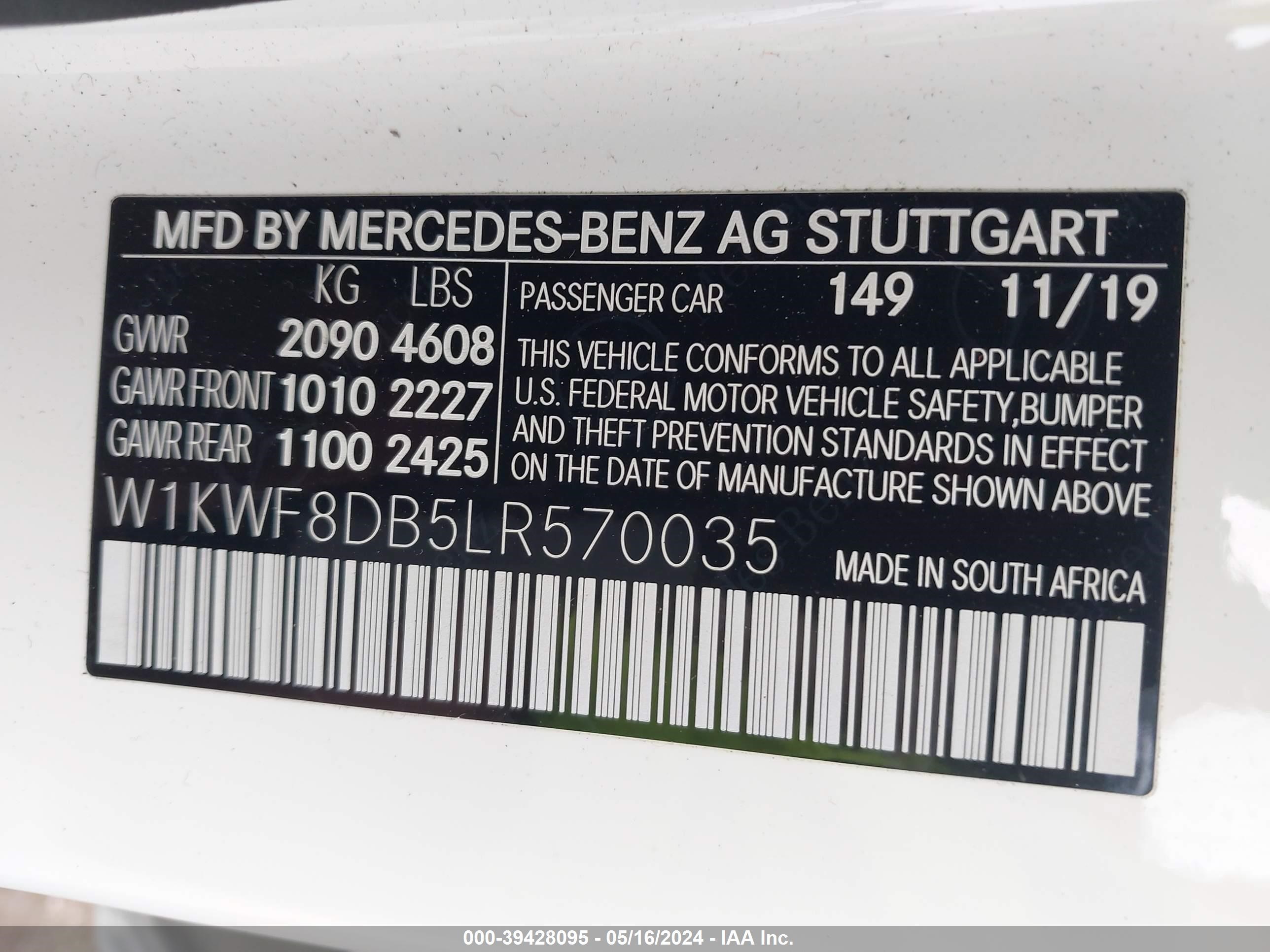 2020 Mercedes-Benz C 300 vin: W1KWF8DB5LR570035