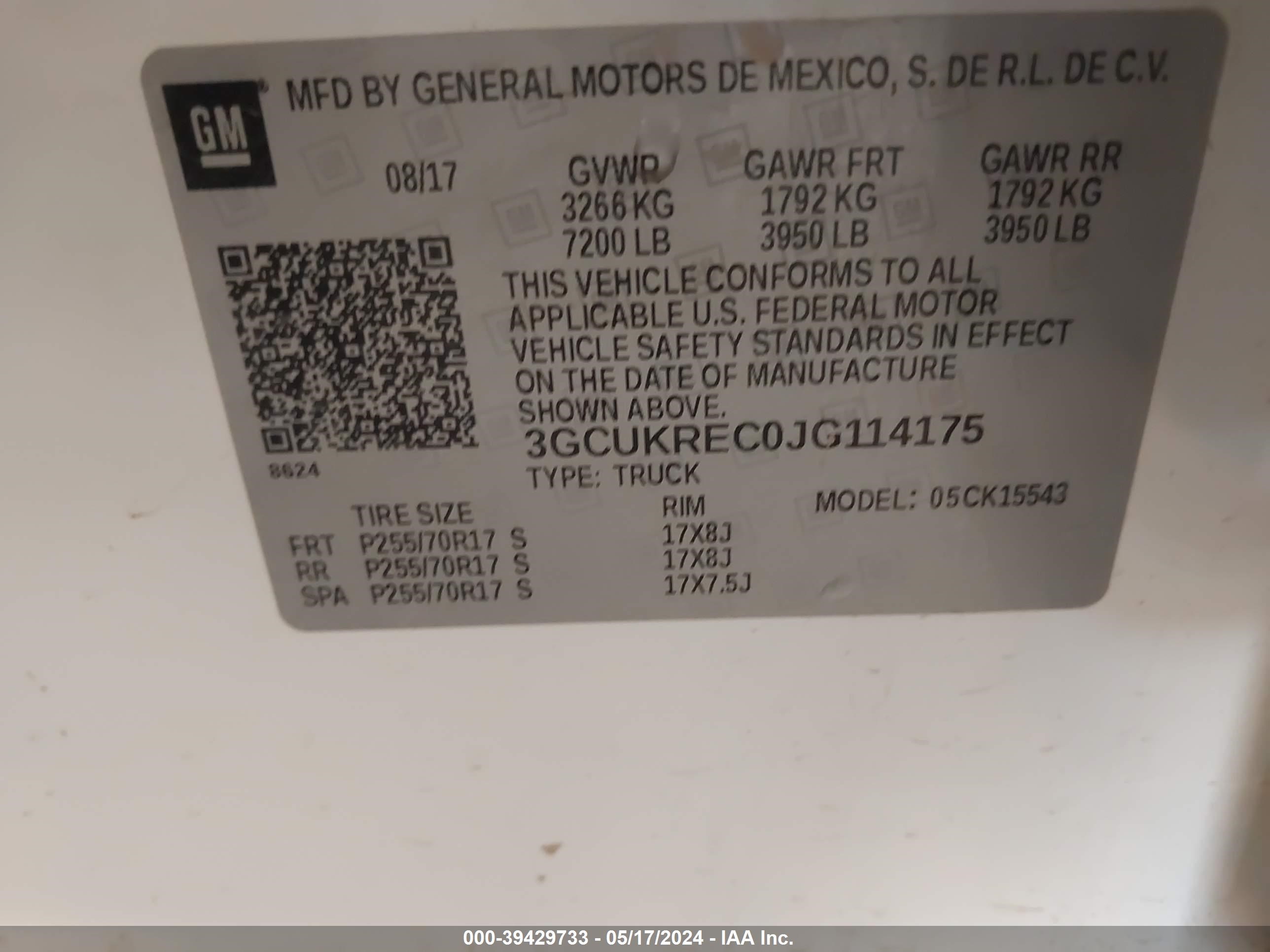 3GCUKREC0JG114175 2018 Chevrolet Silverado 1500 1Lt