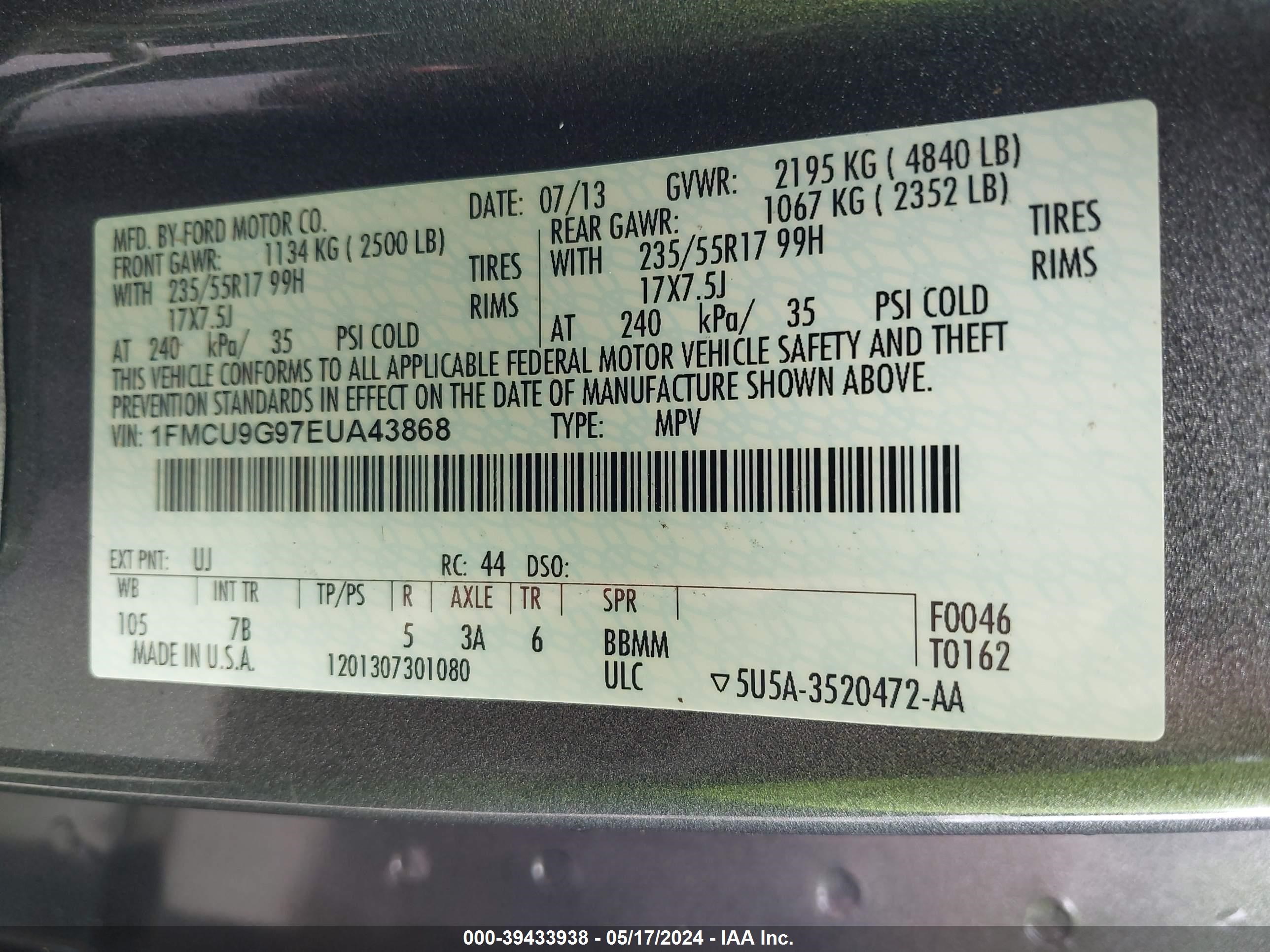 1FMCU9G97EUA43868 2014 Ford Escape Se