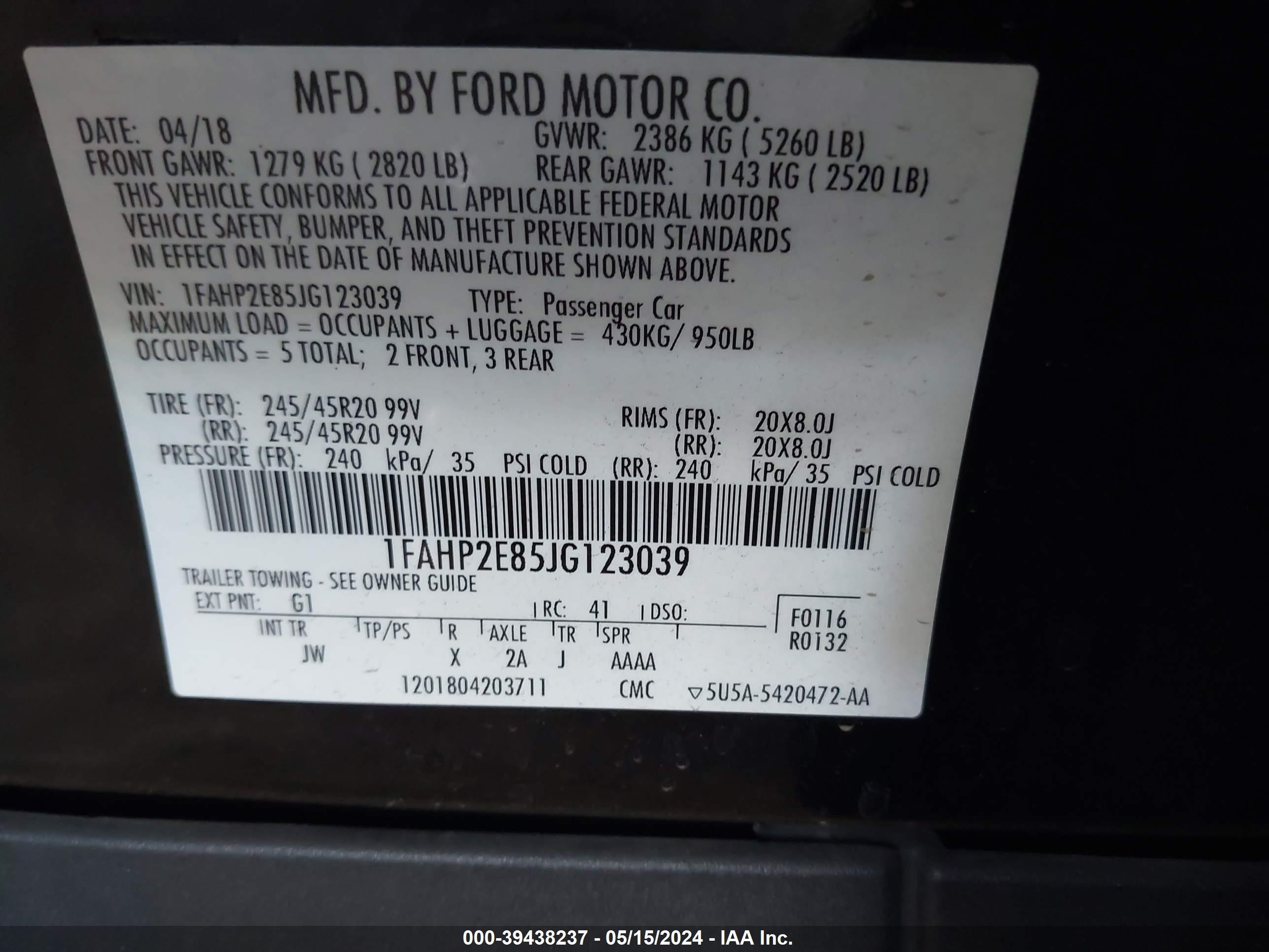 2018 Ford Taurus Sel vin: 1FAHP2E85JG123039