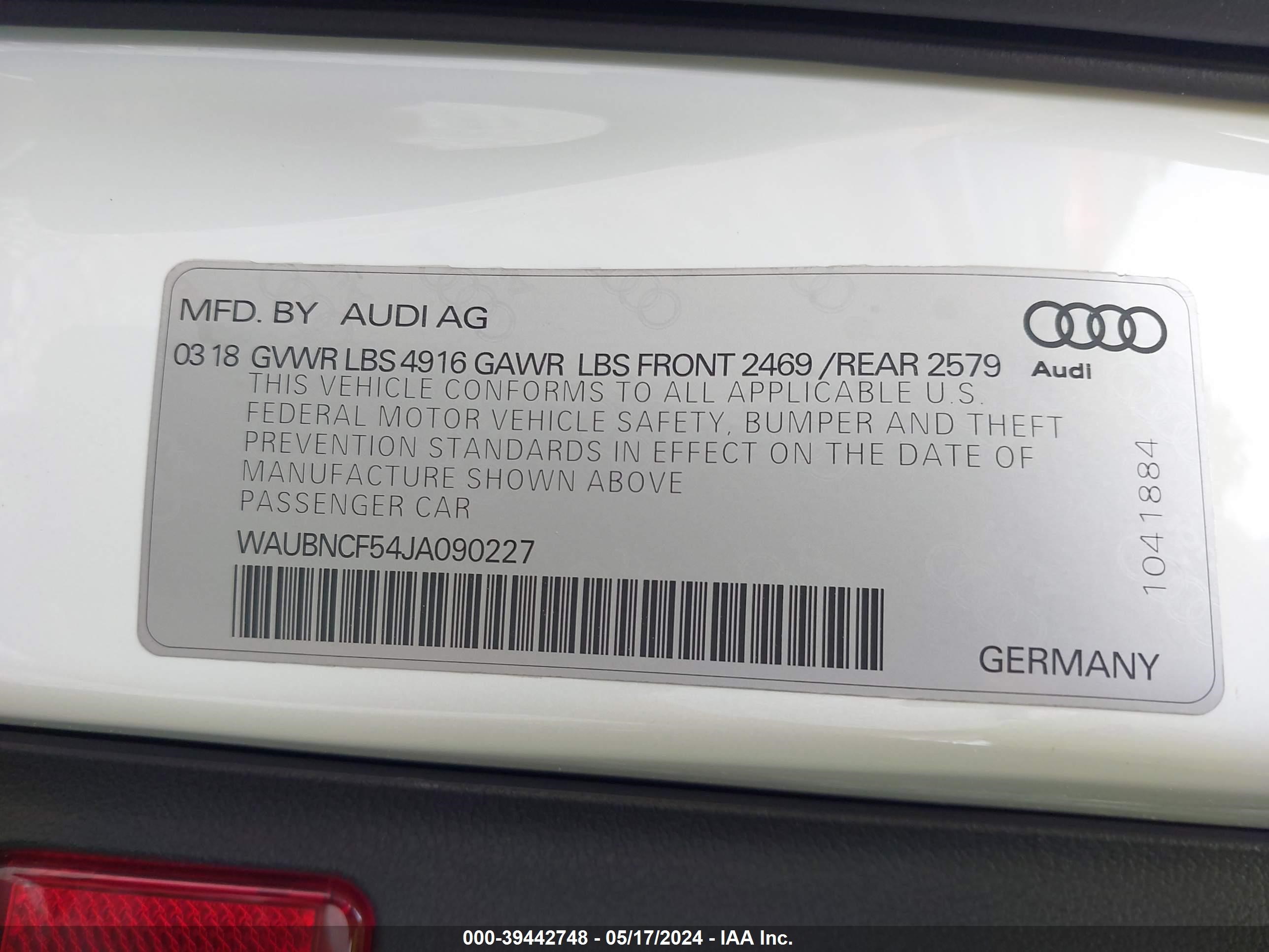 WAUBNCF54JA090227 2018 Audi A5 Premium Plus