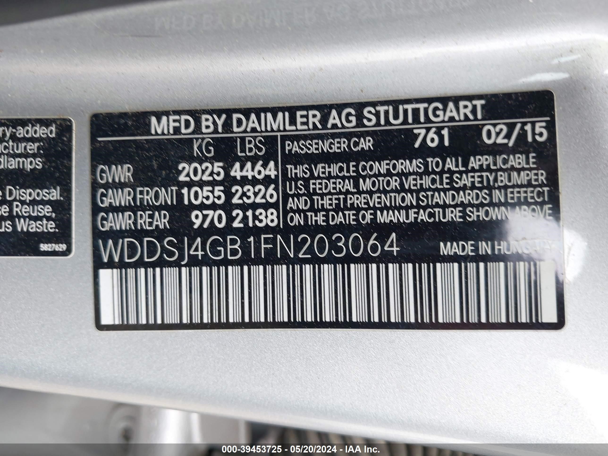 2015 Mercedes-Benz Cla 250 4Matic vin: WDDSJ4GB1FN203064