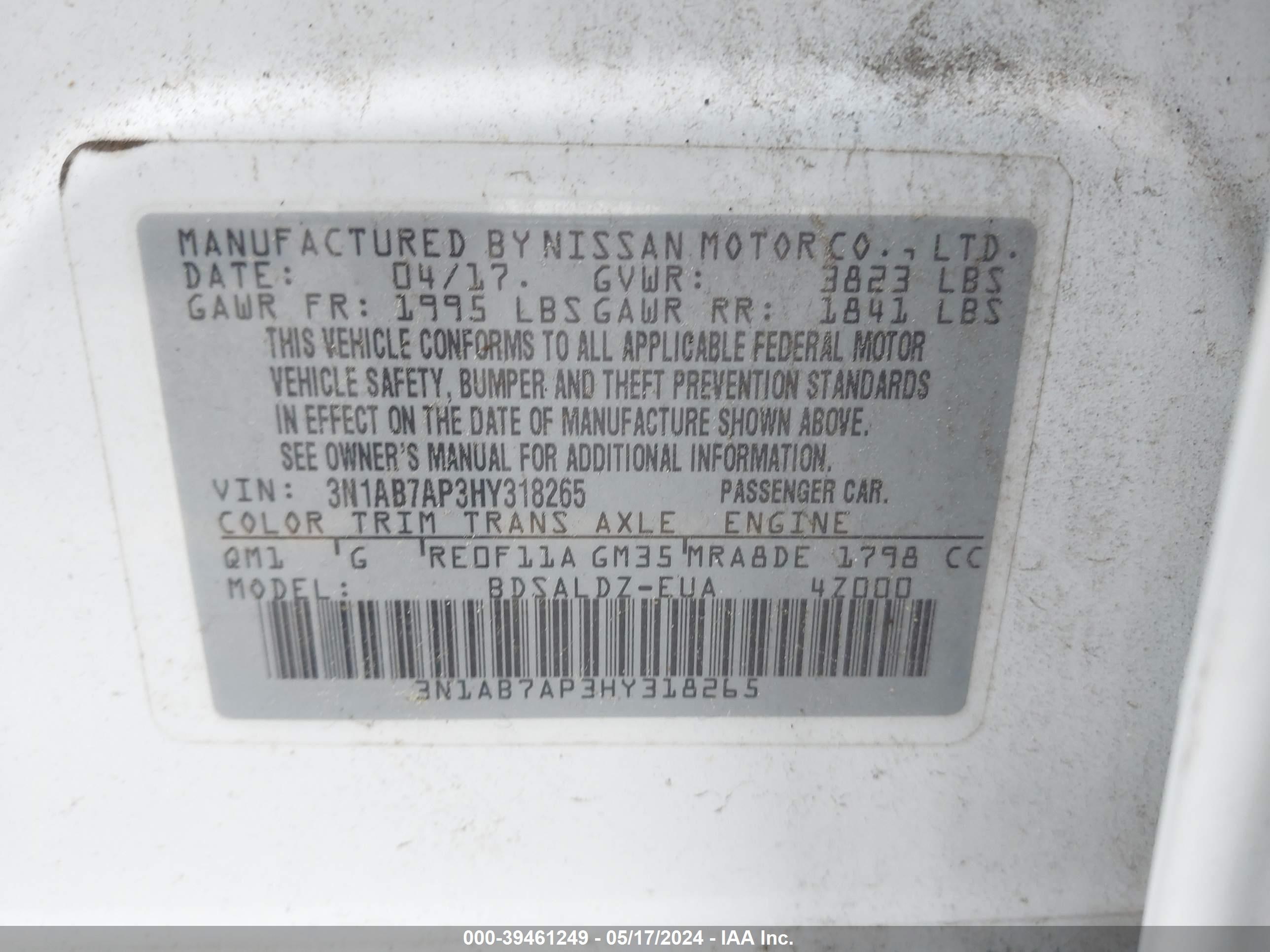 3N1AB7AP3HY318265 2017 Nissan Sentra Sv