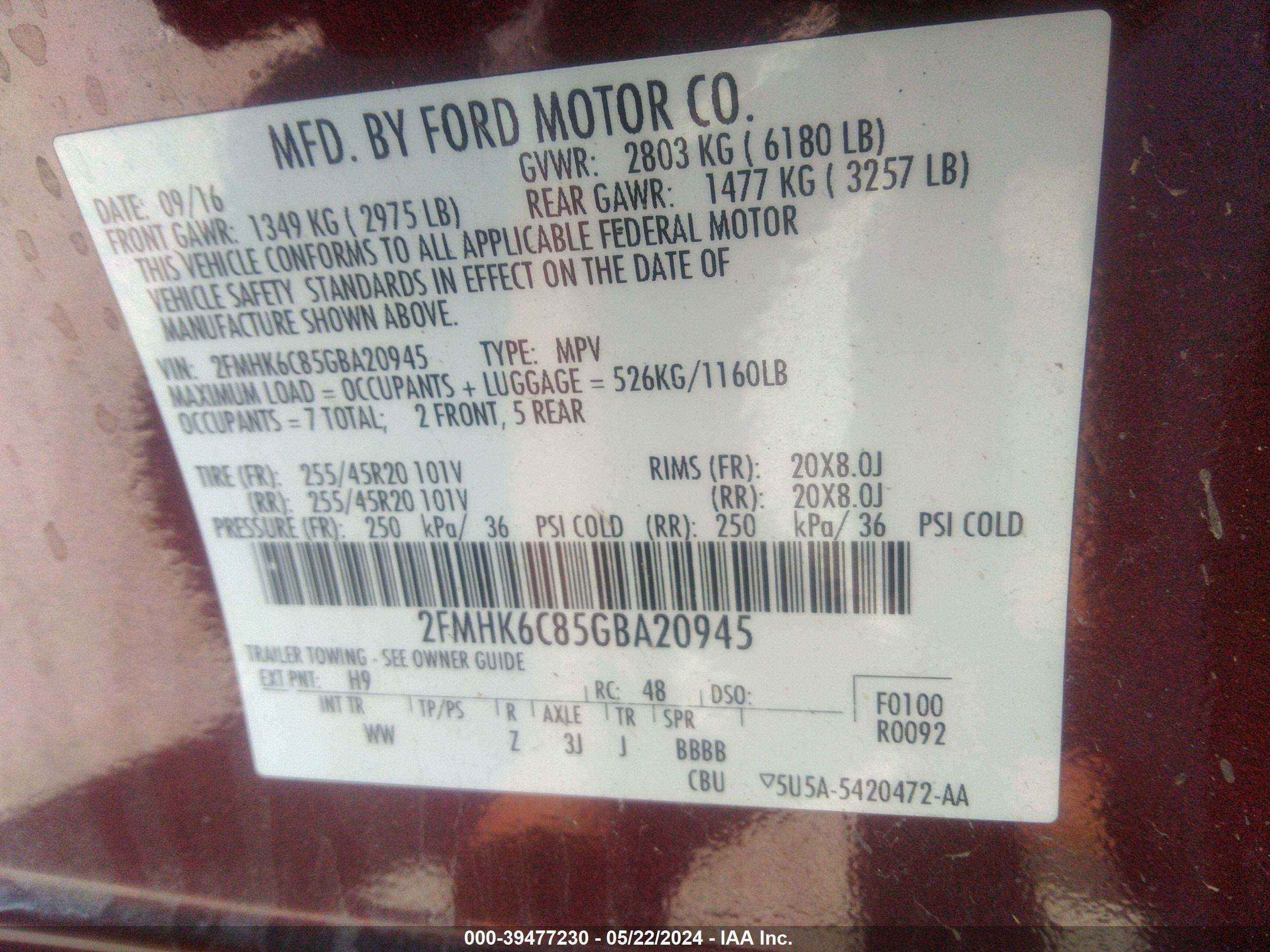 2016 Ford Flex Sel vin: 2FMHK6C85GBA20945