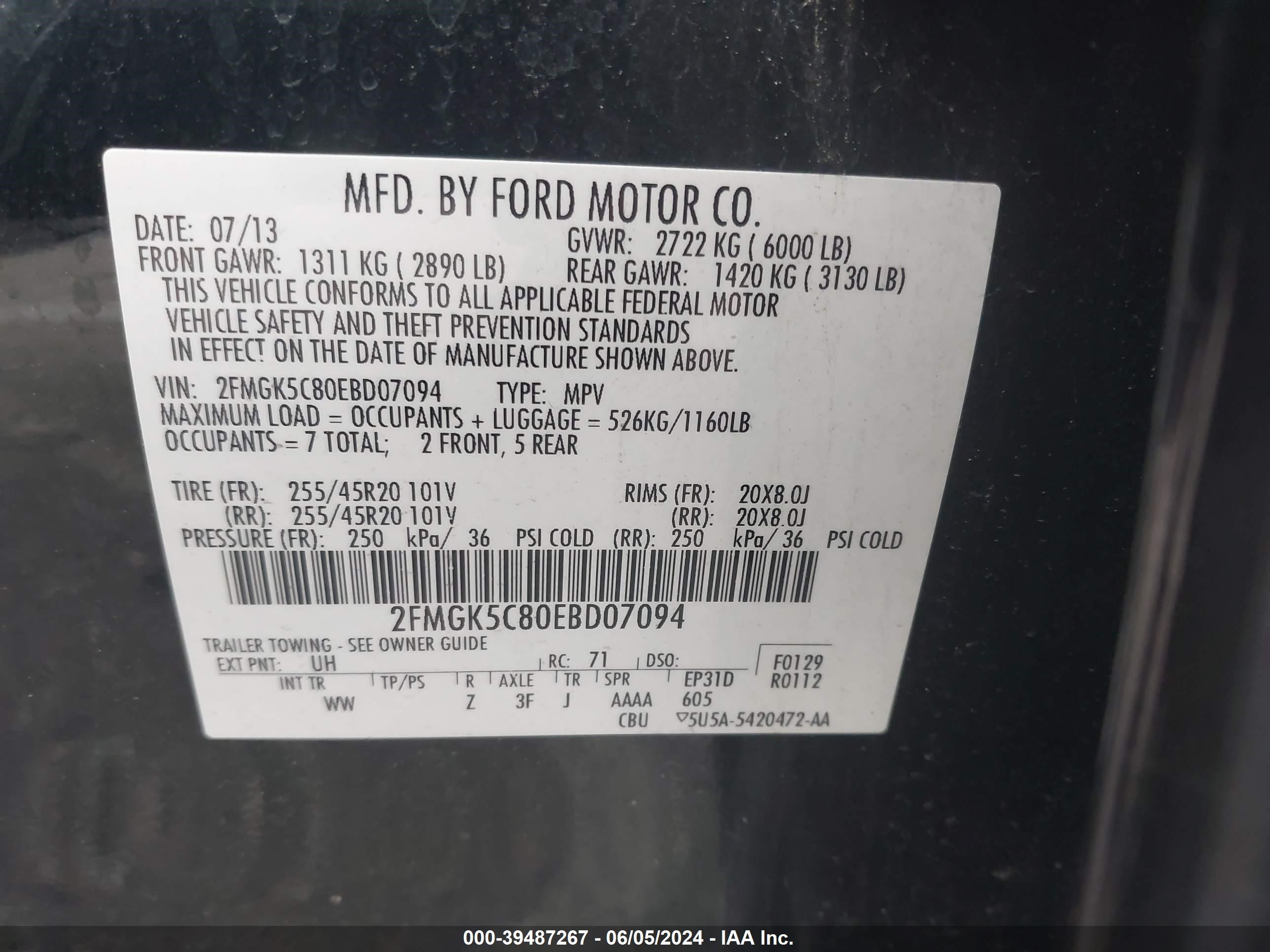 2014 Ford Flex Sel vin: 2FMGK5C80EBD07094