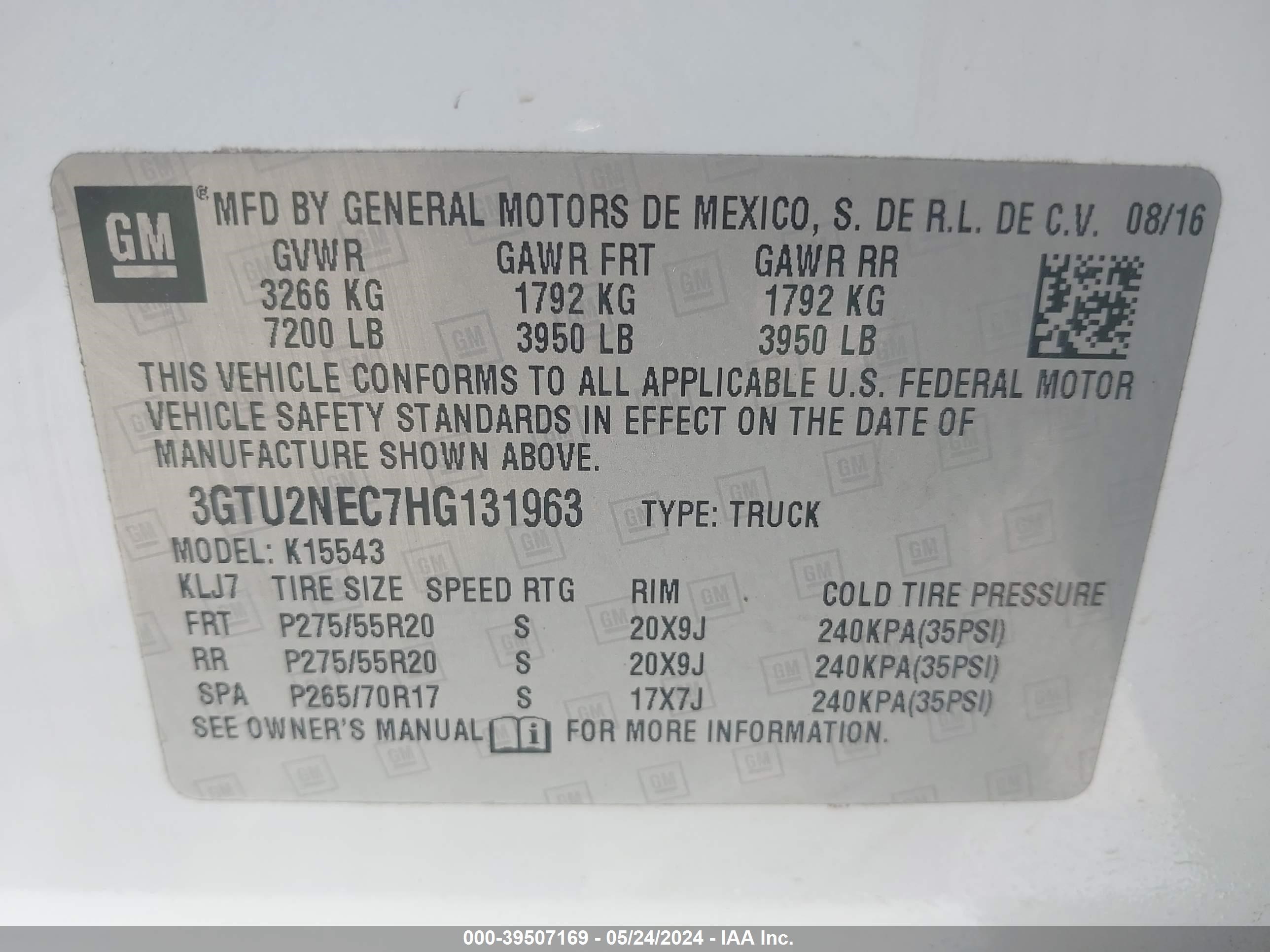 2017 GMC Sierra 1500 Slt vin: 3GTU2NEC7HG131963