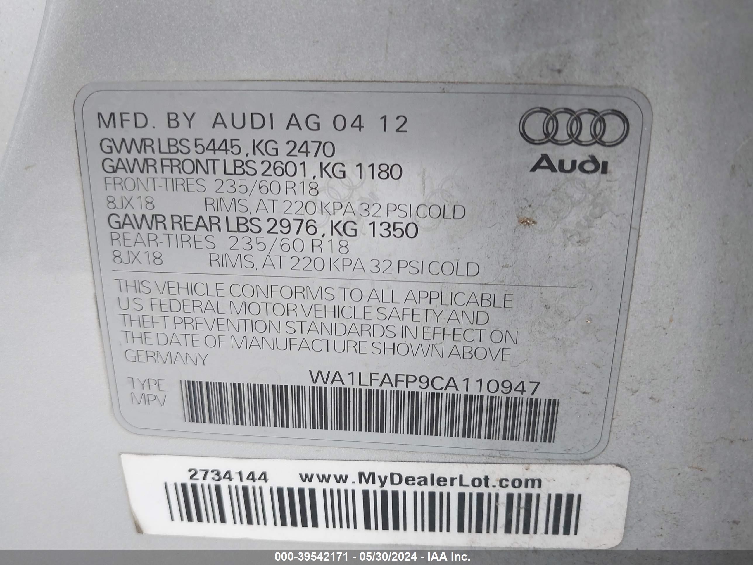 2012 Audi Q5 2.0T Premium vin: WA1LFAFP9CA110947