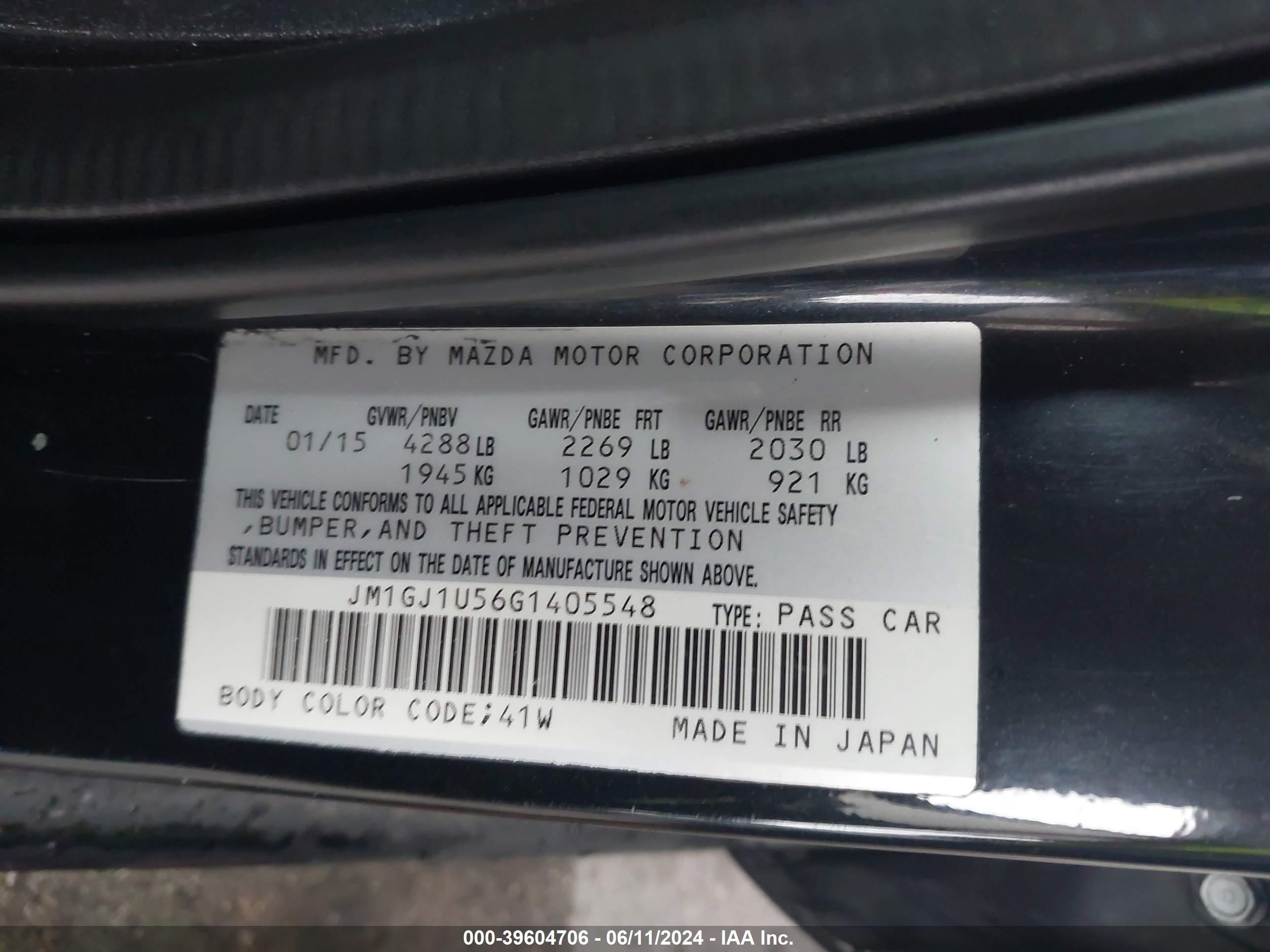 2016 Mazda Mazda6 I Sport vin: JM1GJ1U56G1405548