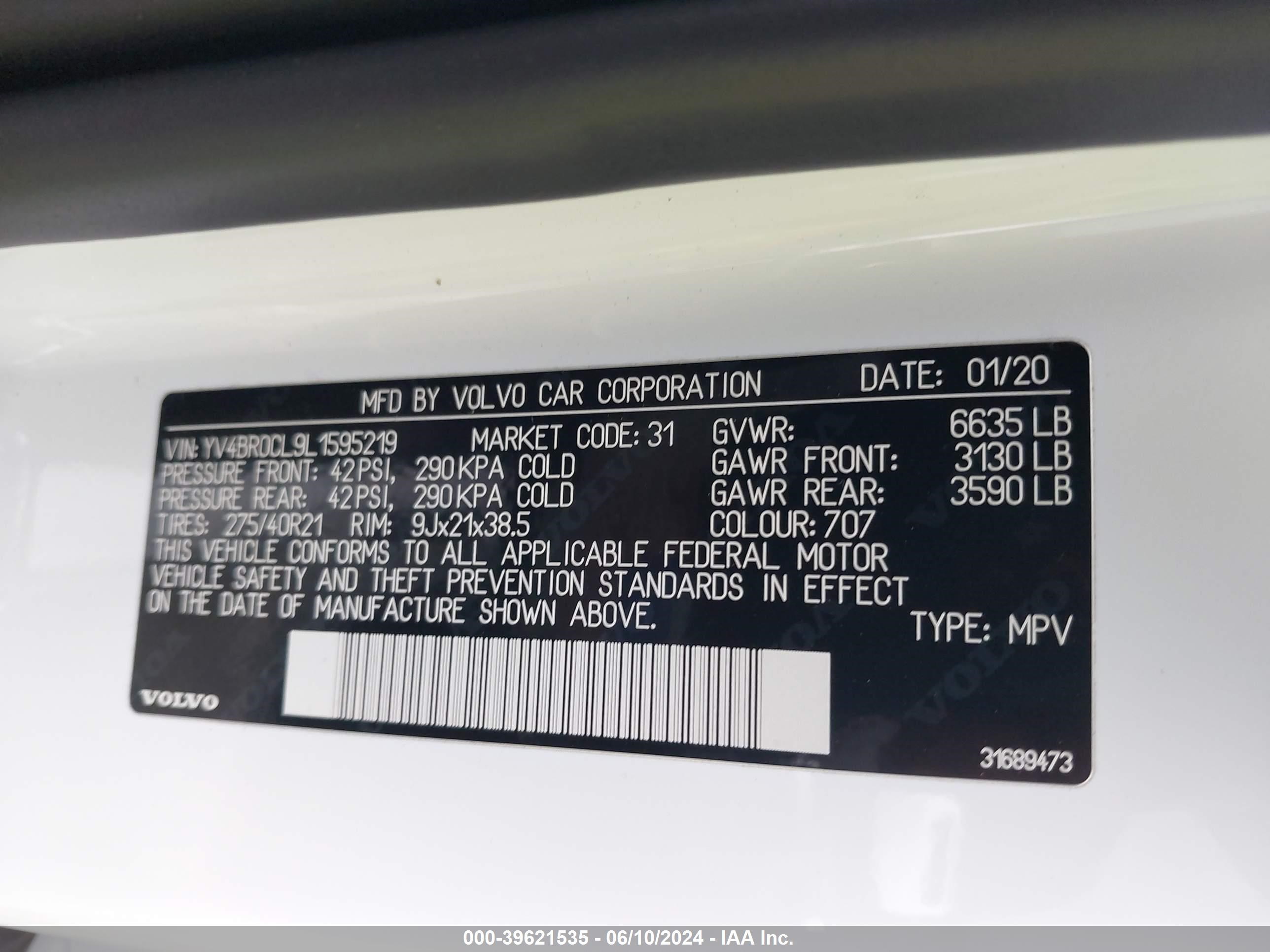 2020 Volvo Xc90 Hybrid T8 Inscription 7 Passenger vin: YV4BR0CL9L1595219