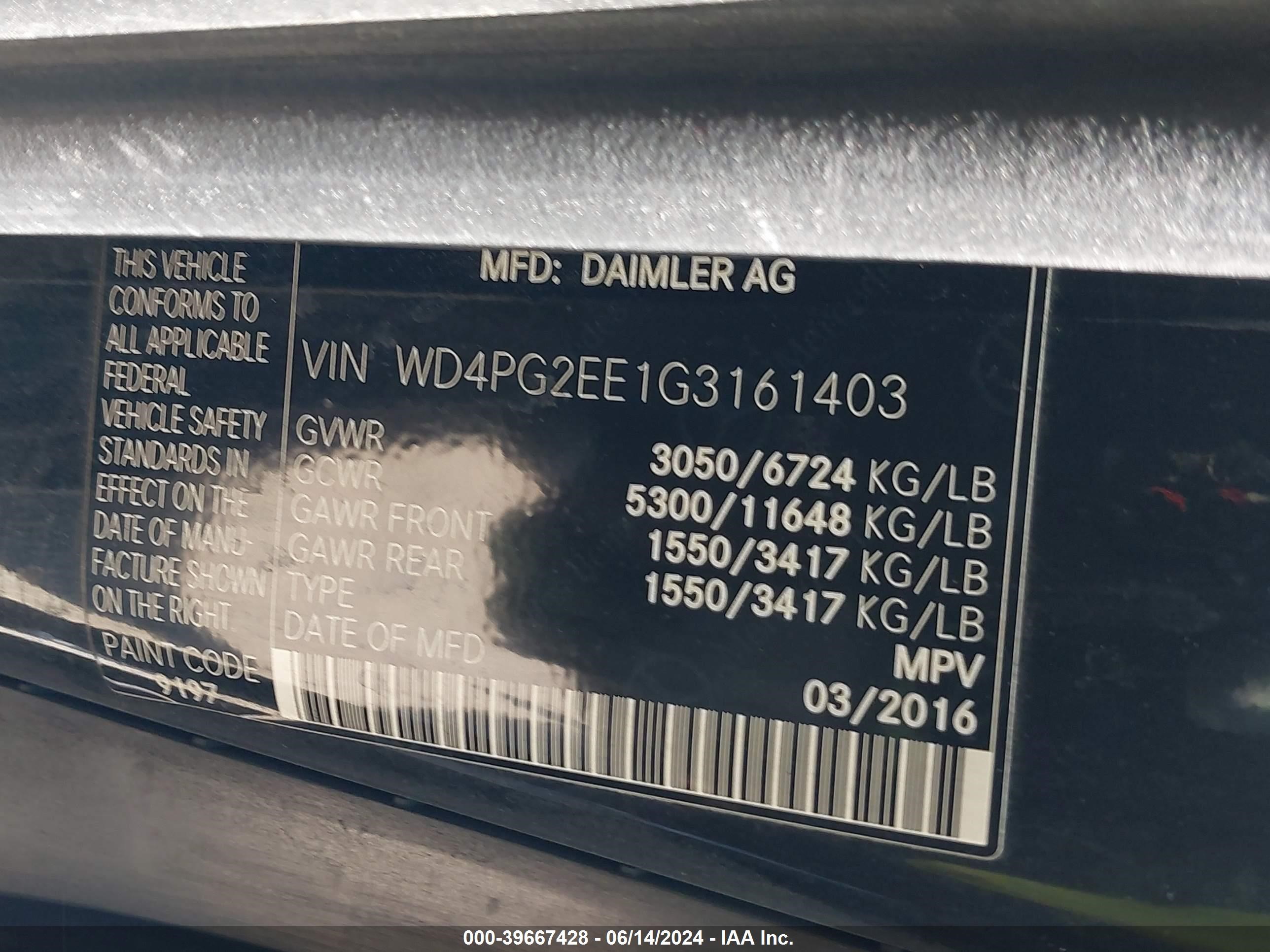 2016 Mercedes-Benz Metris vin: WD4PG2EE1G3161403