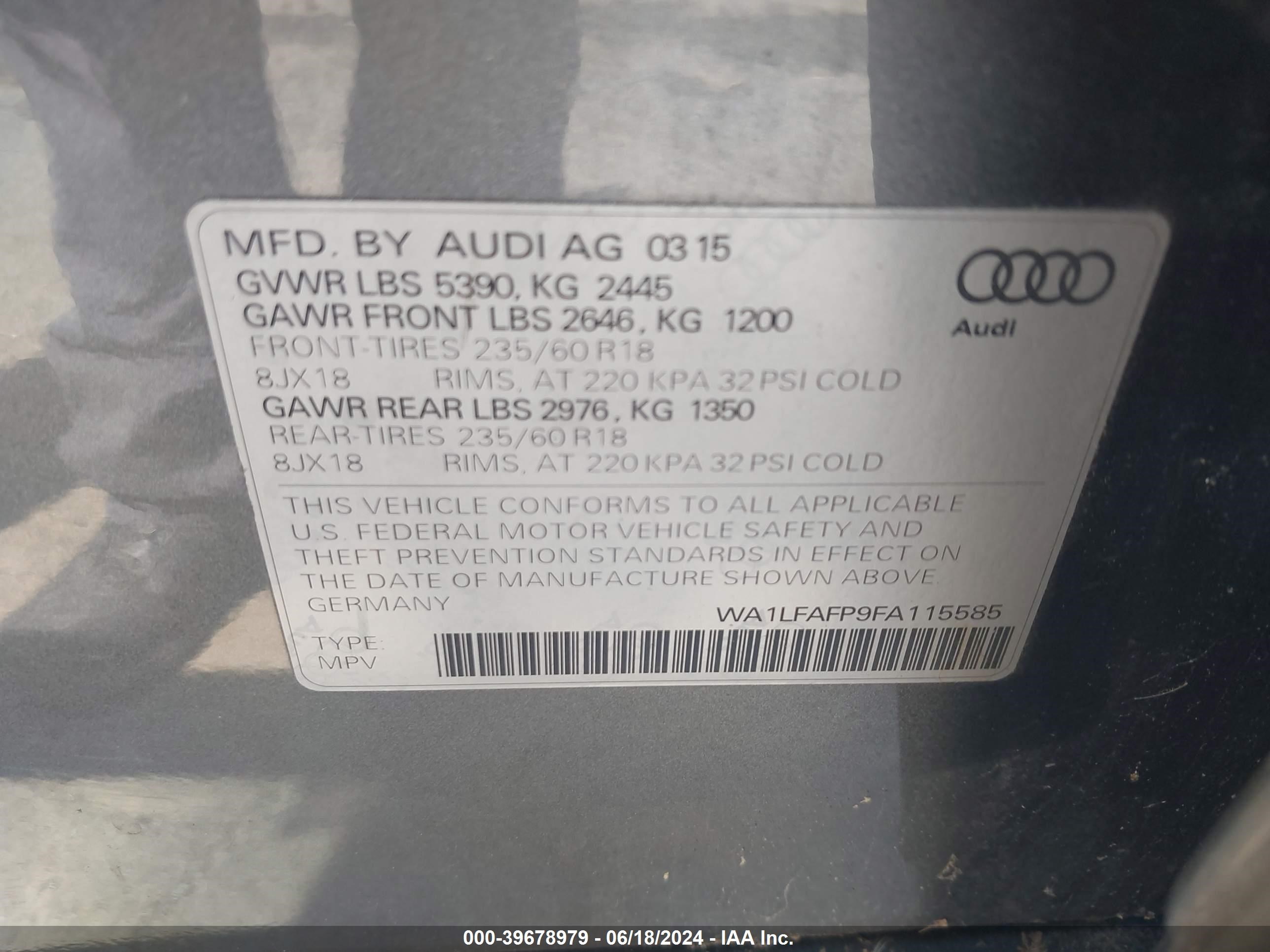 2015 Audi Q5 2.0T Premium vin: WA1LFAFP9FA115585