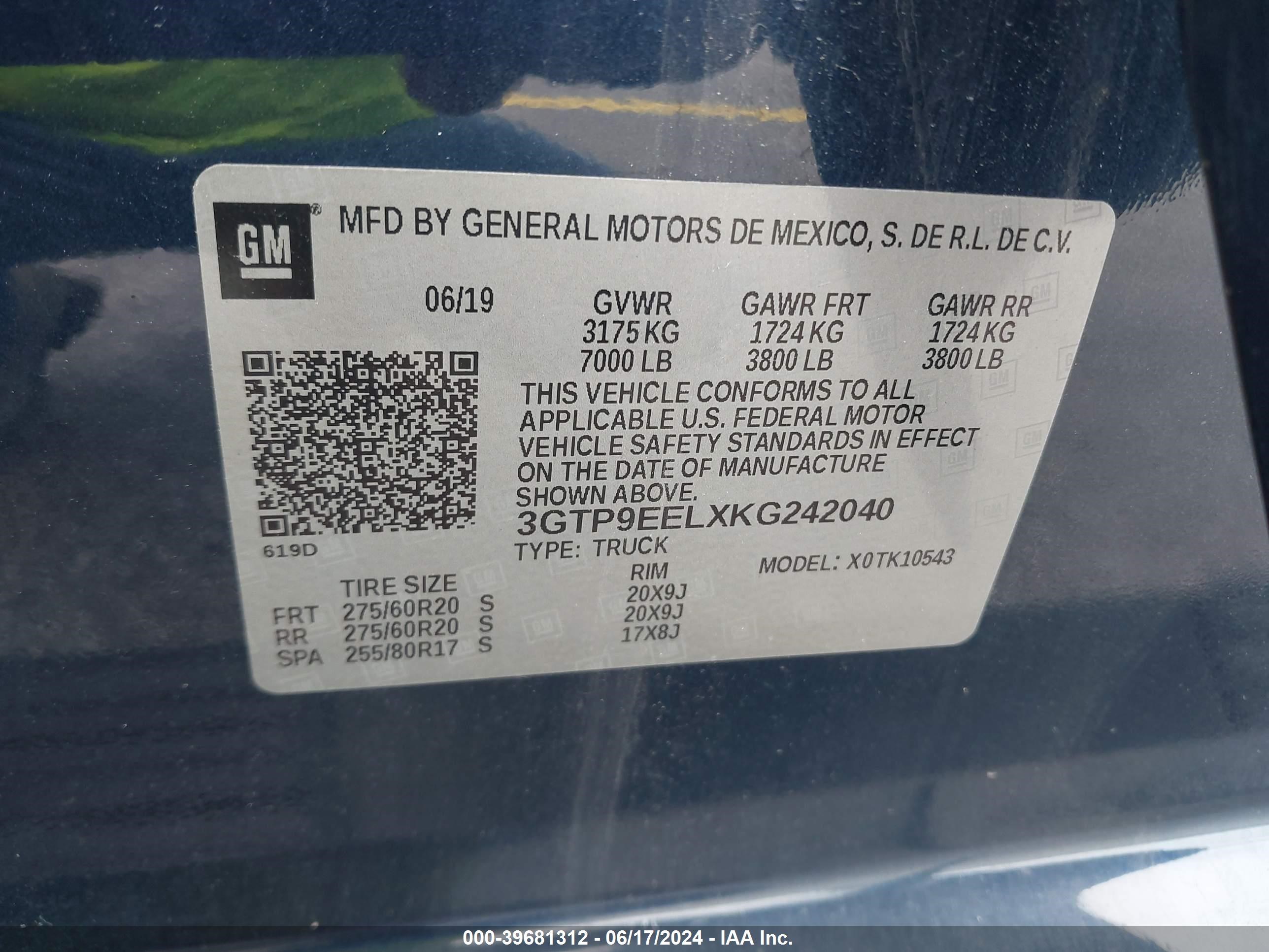 2019 GMC Sierra 1500 At4 vin: 3GTP9EELXKG242040