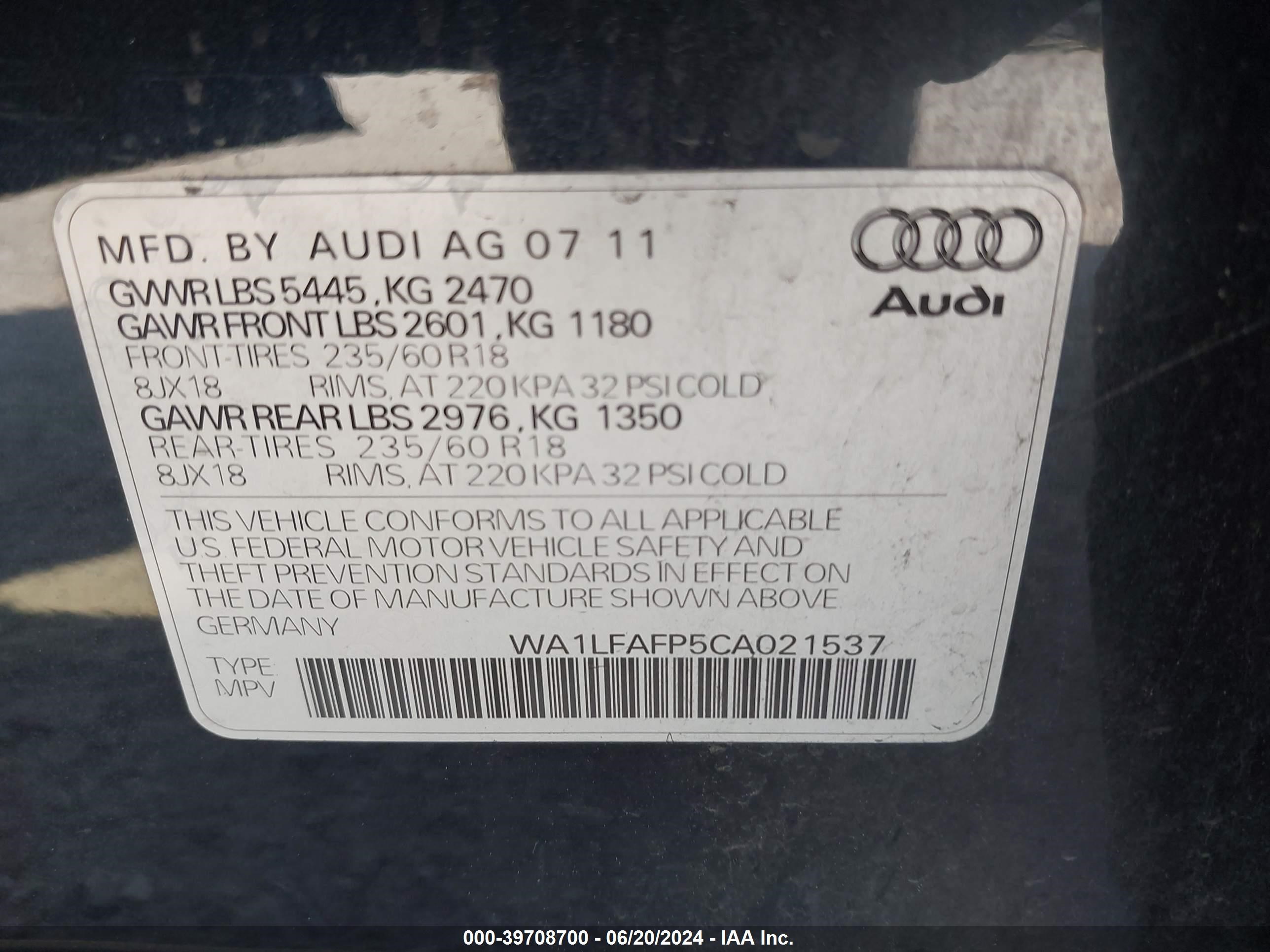 2012 Audi Q5 2.0T Premium vin: WA1LFAFP5CA021537