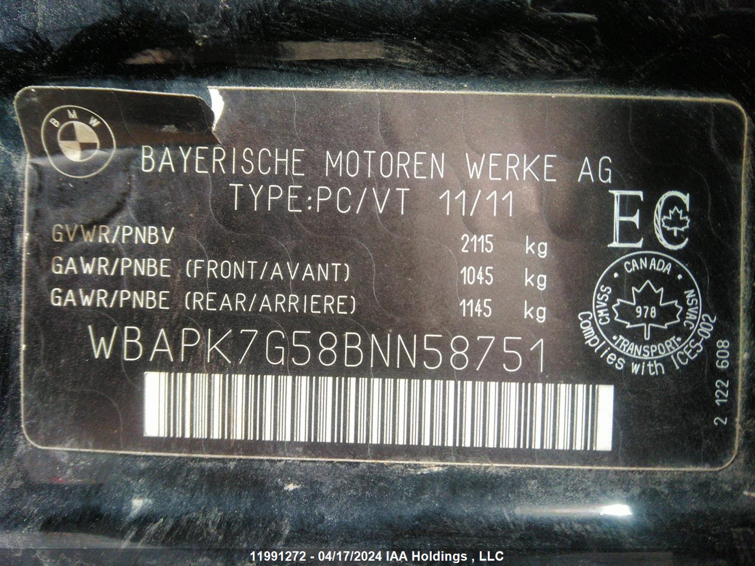 WBAPK7G58BNN58751 2011 BMW 328 Xi
