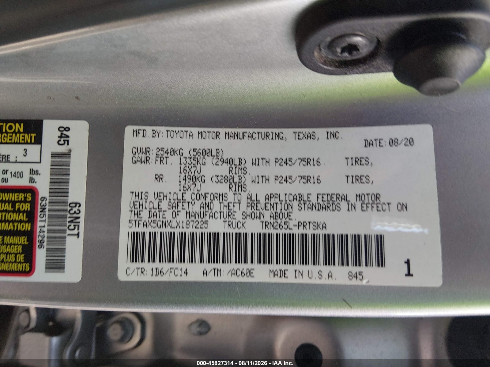 2020 Toyota Tacoma, auction photo 9