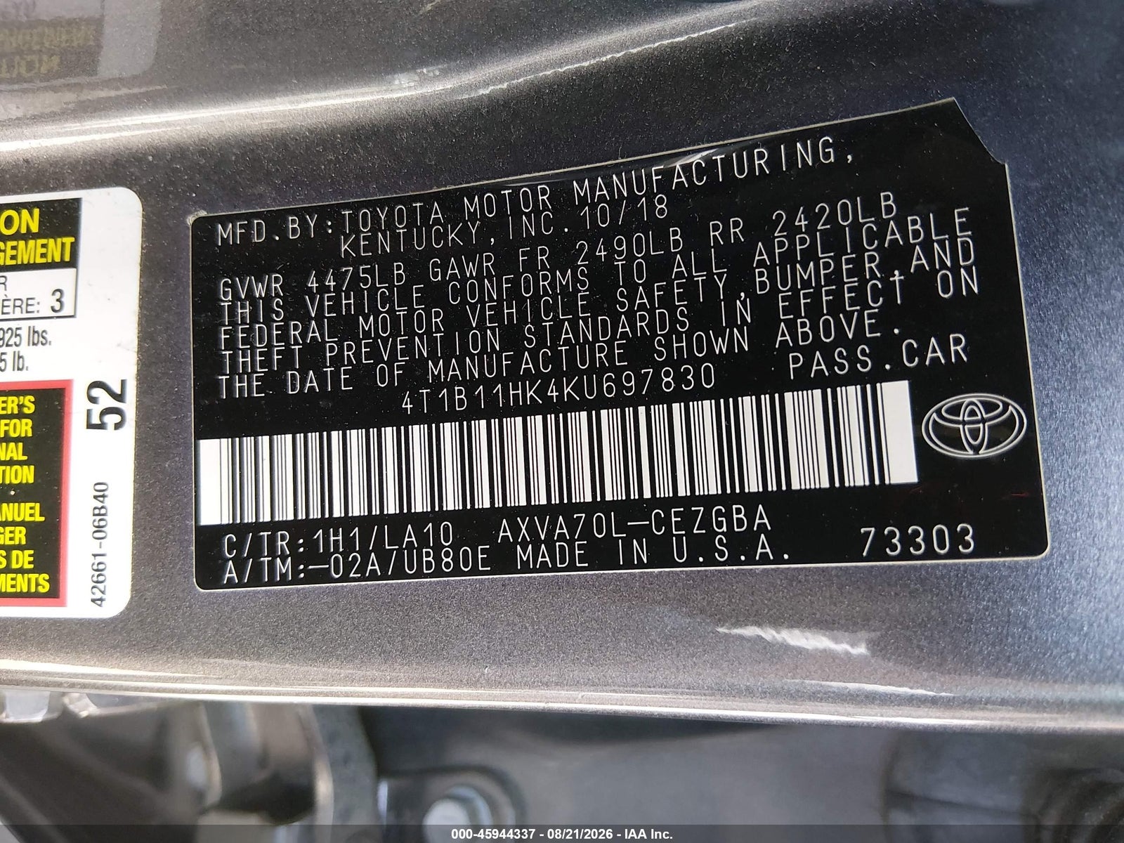 2019 Toyota Camry, auction photo 9