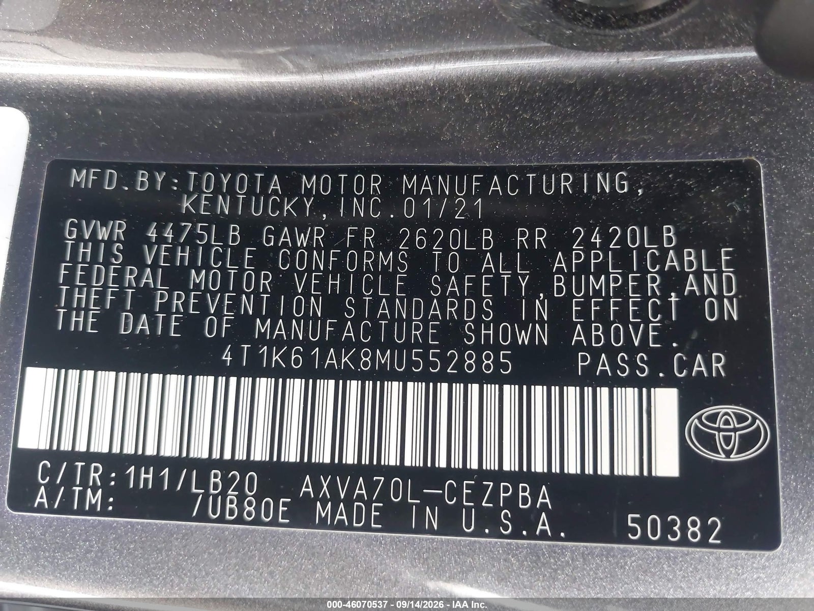 2021 Toyota Camry, auction photo 9