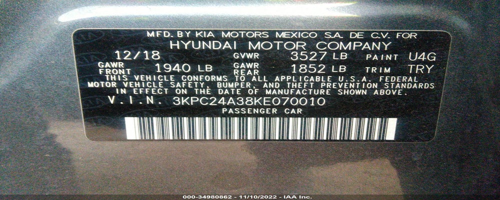3KPC24A38KE070010 2019 HYUNDAI ACCENT photo no. 9