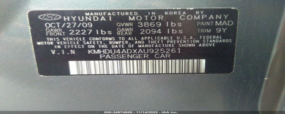 KMHDU4ADXAU925261 2010 HYUNDAI ELANTRA photo no. 9