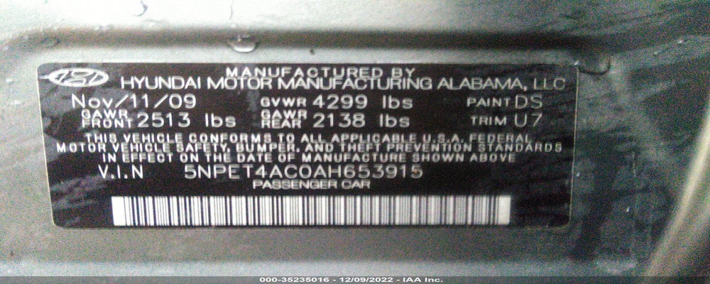 5NPET4AC0AH653915 2010 HYUNDAI SONATA photo no. 9