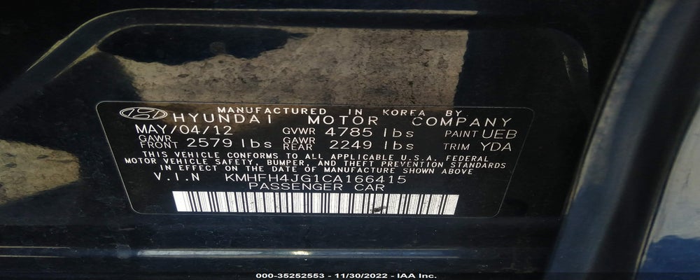 KMHFH4JG1CA166415 2012 HYUNDAI AZERA photo no. 9