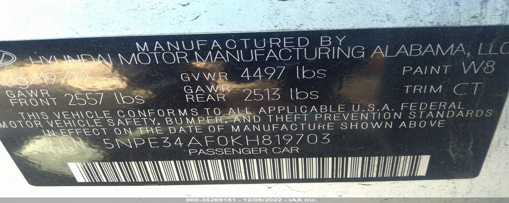 5NPE34AF0KH819703 2019 HYUNDAI SONATA photo no. 9