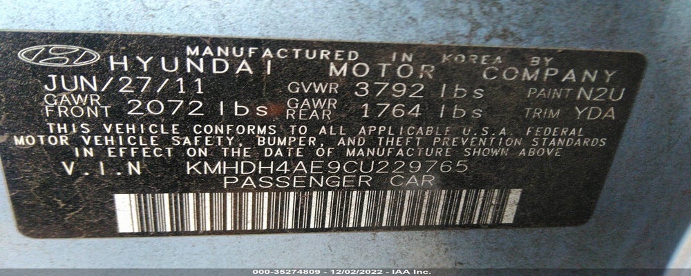 KMHDH4AE9CU229765 2012 HYUNDAI ELANTRA photo no. 9