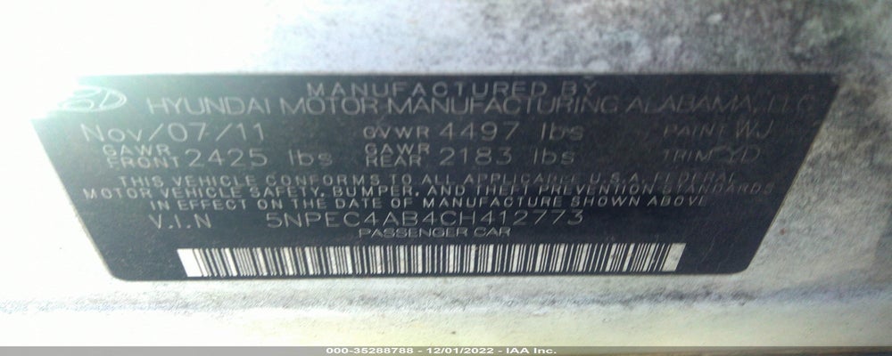 5NPEC4AB4CH412773 2012 HYUNDAI SONATA photo no. 9