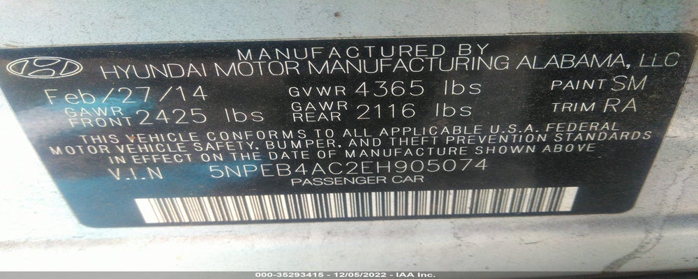 5NPEB4AC2EH905074 2014 HYUNDAI SONATA photo no. 9