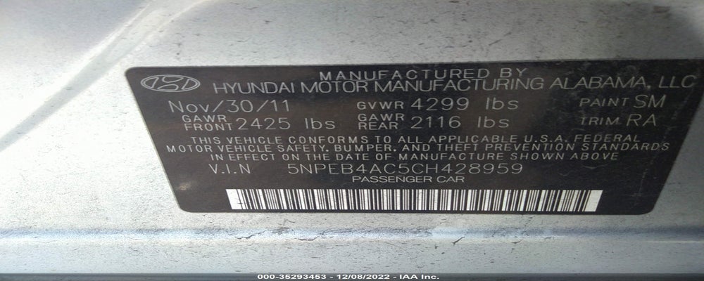 5NPEB4AC5CH428959 2012 HYUNDAI SONATA photo no. 9
