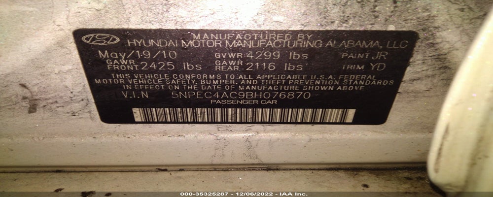 5NPEC4AC9BH076870 2011 HYUNDAI SONATA photo no. 9