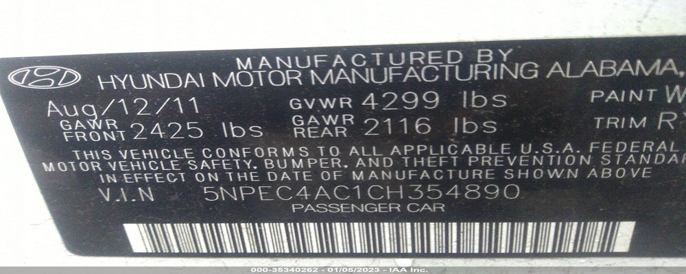 5NPEC4AC1CH354890 2012 HYUNDAI SONATA photo no. 9