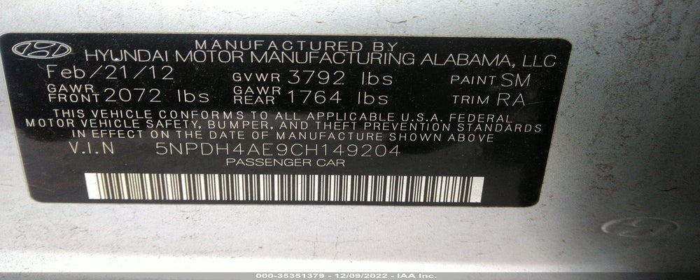 5NPDH4AE9CH149204 2012 HYUNDAI ELANTRA photo no. 9