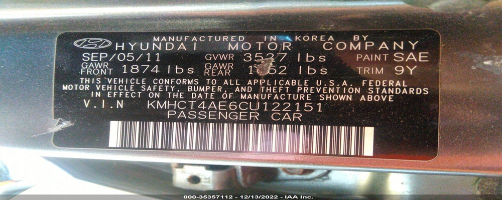 KMHCT4AE6CU122151 2012 HYUNDAI ACCENT photo no. 9