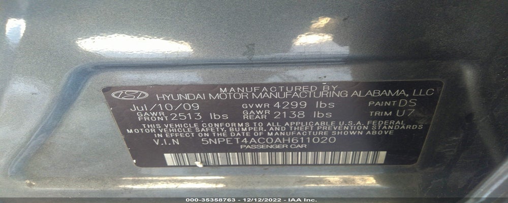 5NPET4AC0AH611020 2010 HYUNDAI SONATA photo no. 9